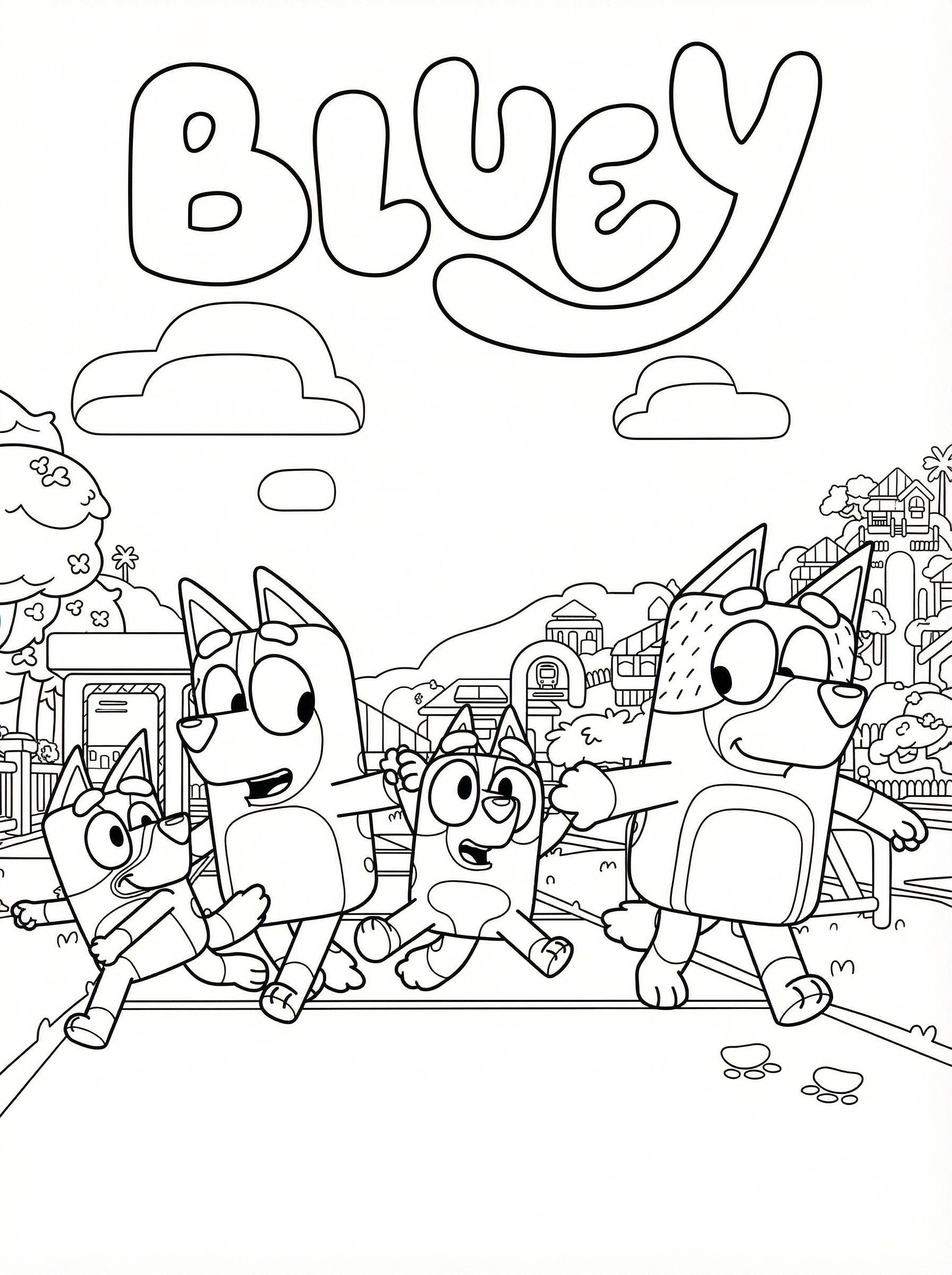 Black and white colouring page showing Bluey characters including Bluey, Bingo and friends running together in an outdoor scene with houses and clouds in the background