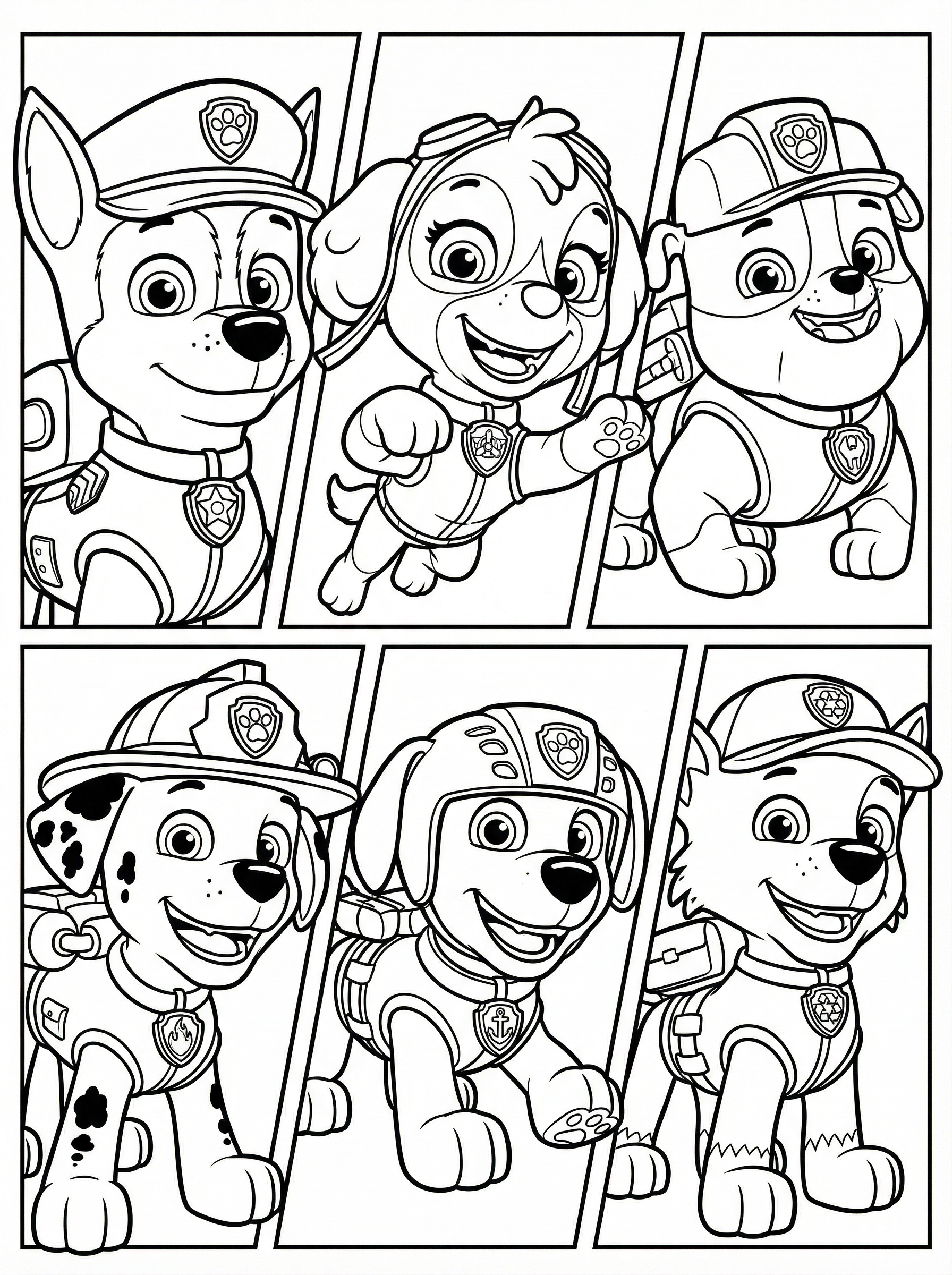 Colouring page showing six Paw Patrol characters in individual panels - Chase, Skye, Marshall, Rubble, Zuma and Rocky wearing their rescue uniforms and badges