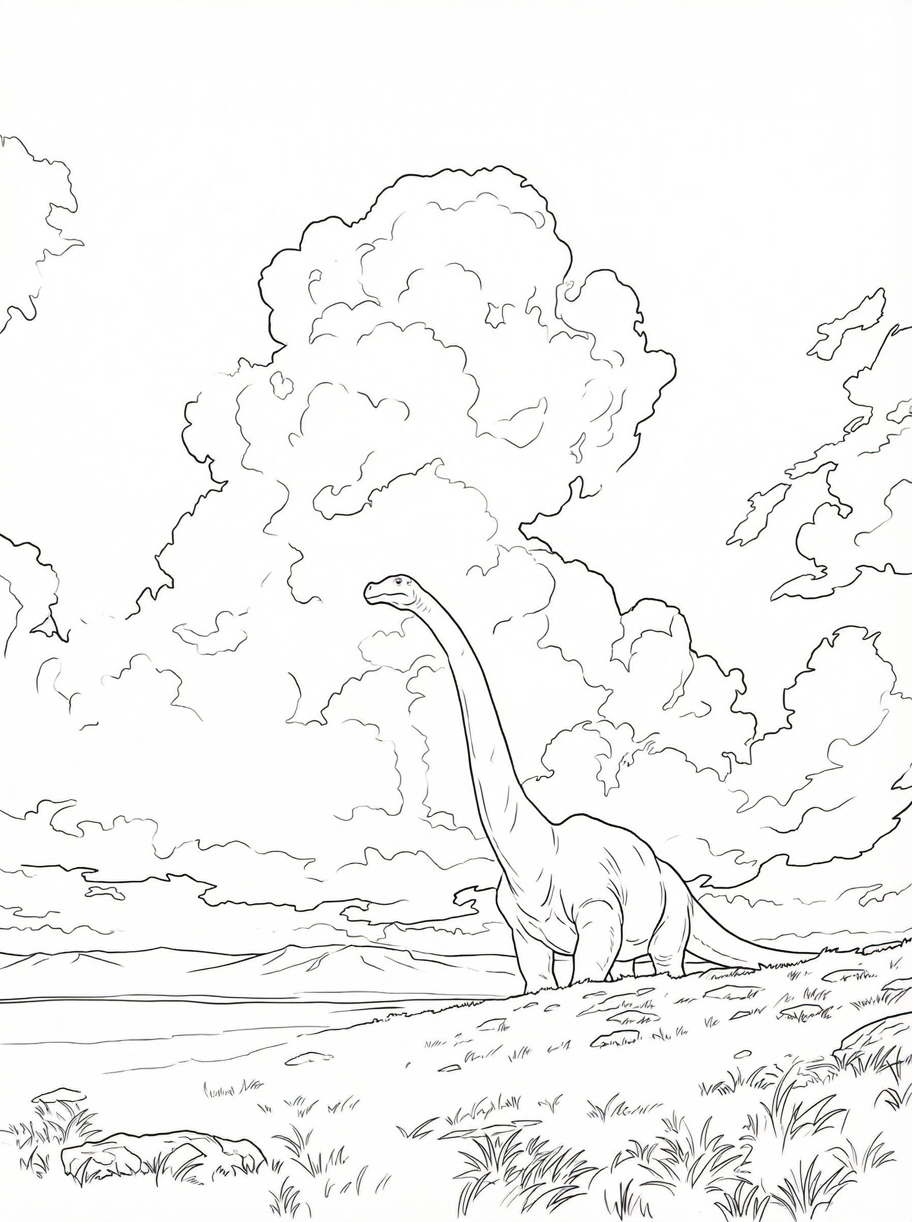 Line drawing of a Brachiosaurus dinosaur with long neck standing in a prehistoric landscape with large trees and grass for colouring