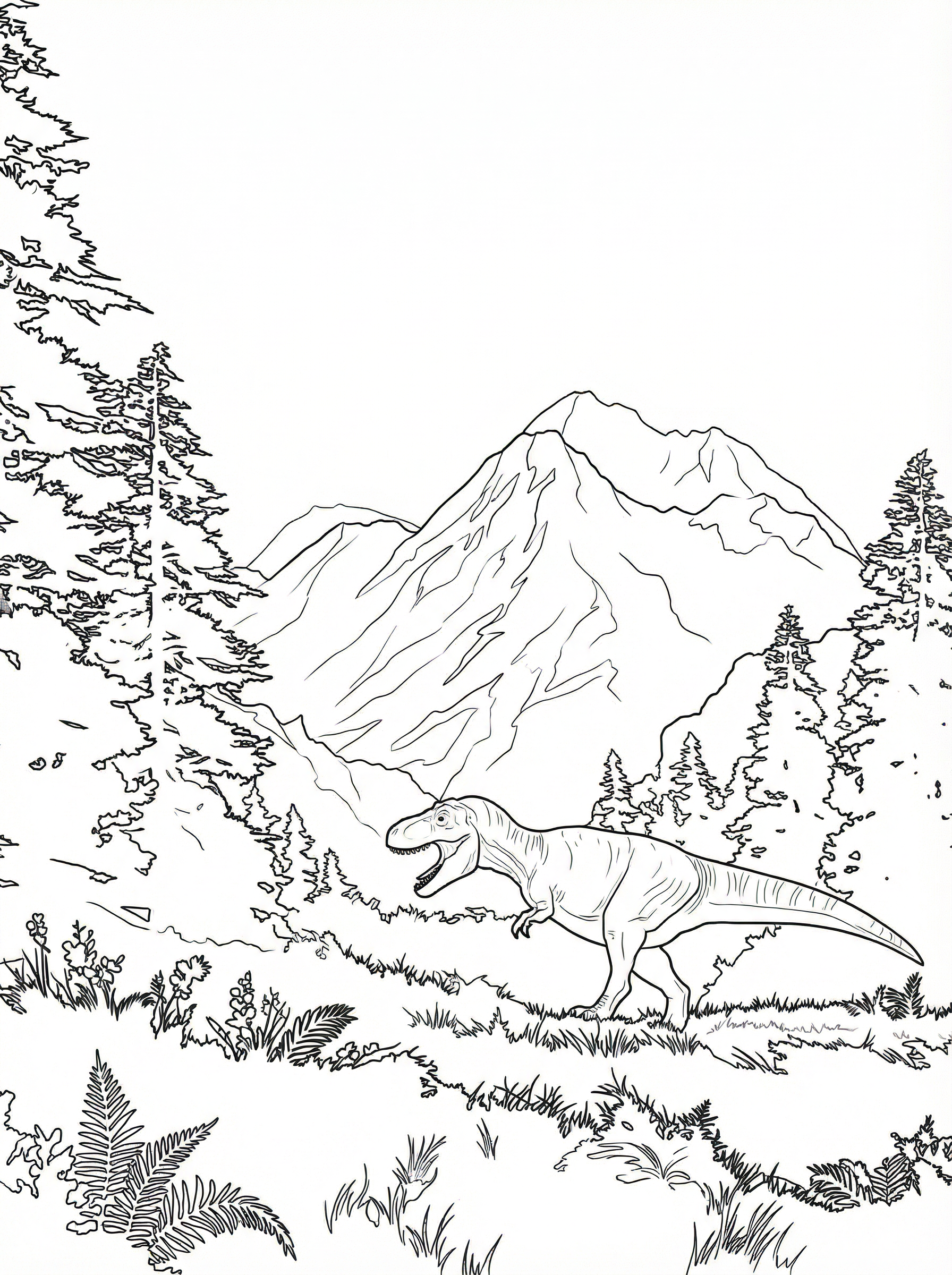 Line drawing of a Tyrannosaurus Rex dinosaur standing in a prehistoric landscape with mountains, conifer trees, and ferns for colouring