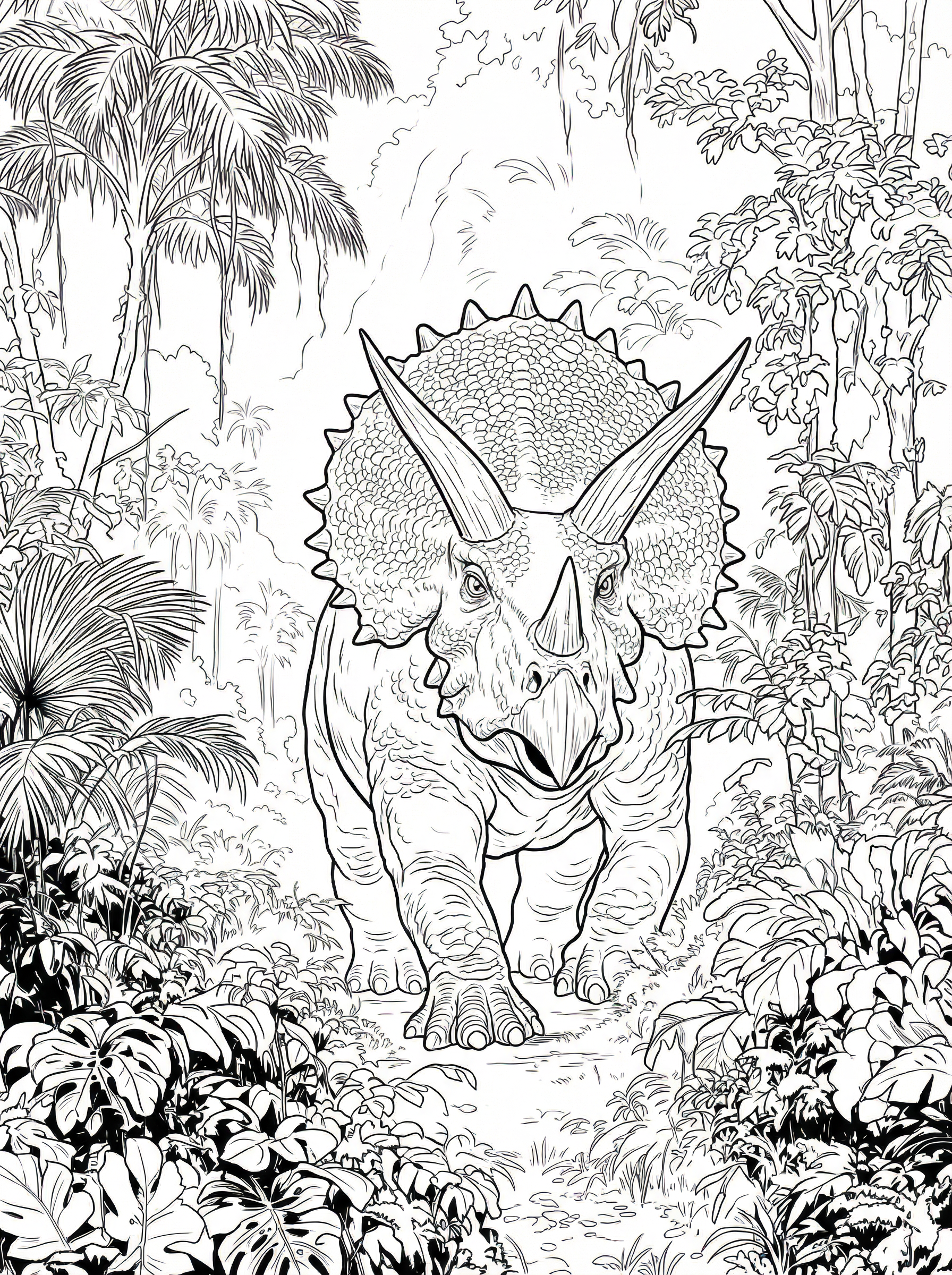 Black and white line drawing of a Triceratops dinosaur walking through a prehistoric jungle with palm trees and tropical plants