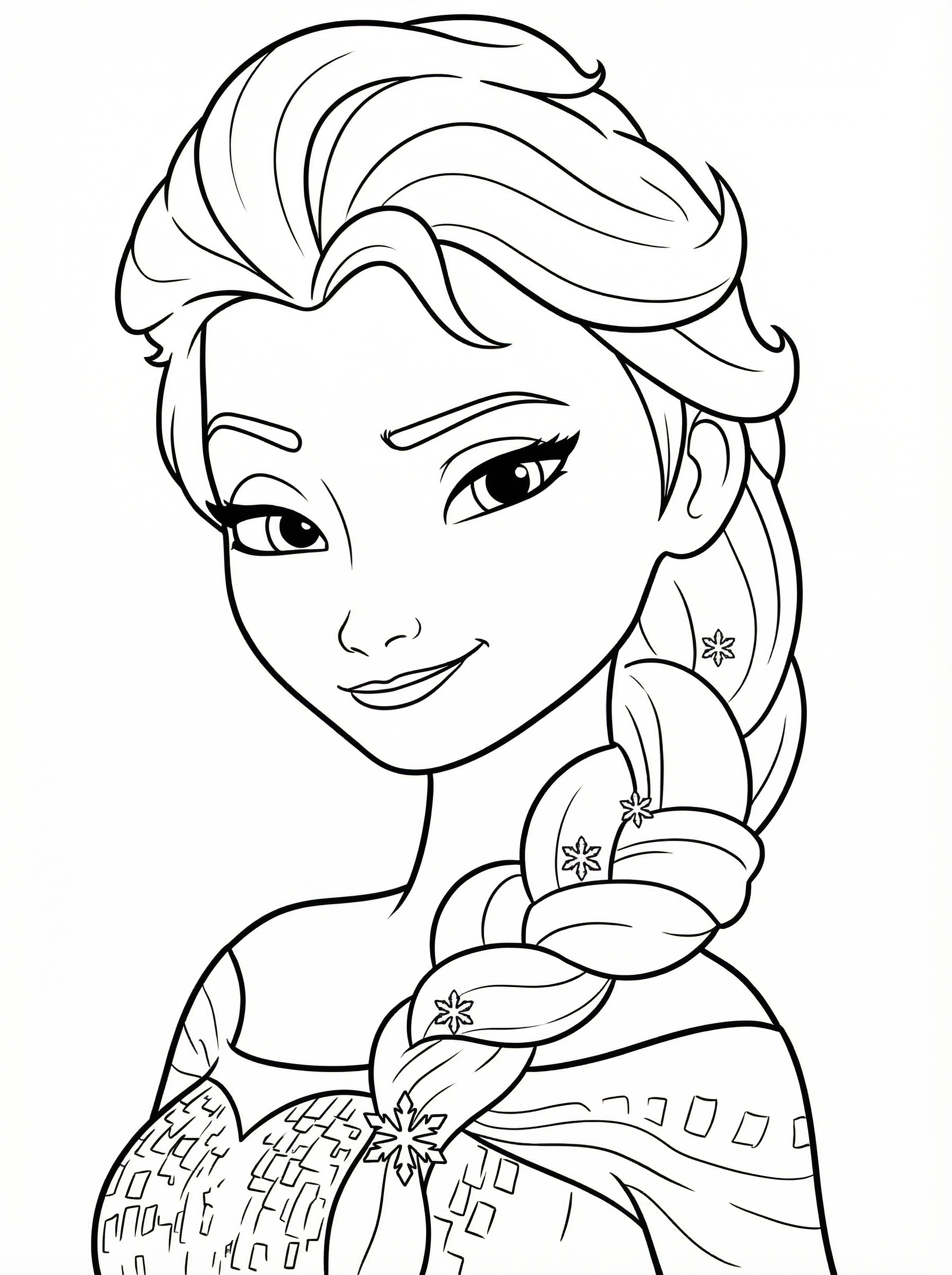 Black and white line drawing of Elsa from Disney's Frozen with her signature braided hair decorated with snowflakes, smiling warmly
