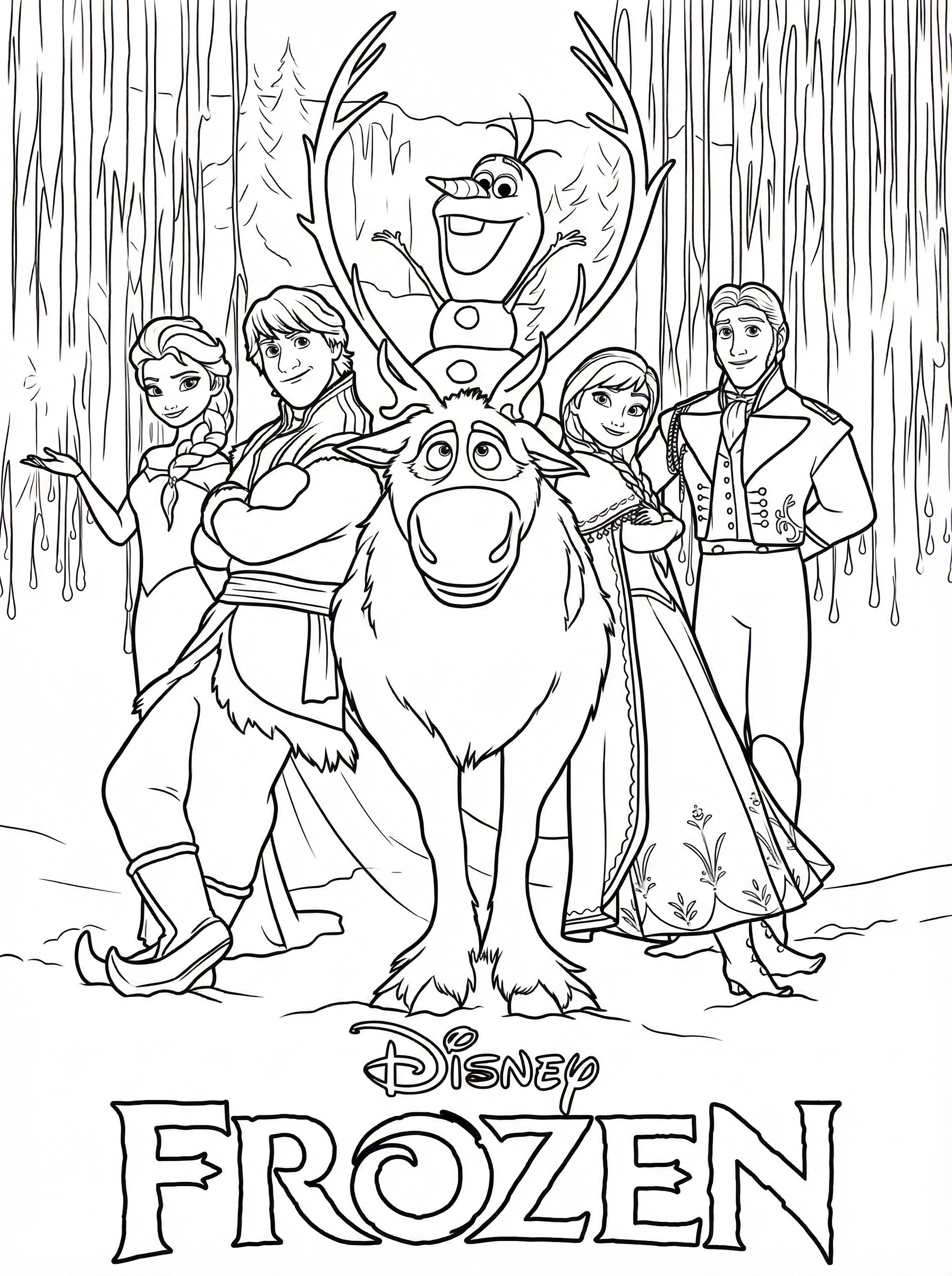 Disney Frozen colouring page showing Elsa, Anna, Kristoff, Olaf the snowman, and Sven the reindeer standing together in an icy forest scene