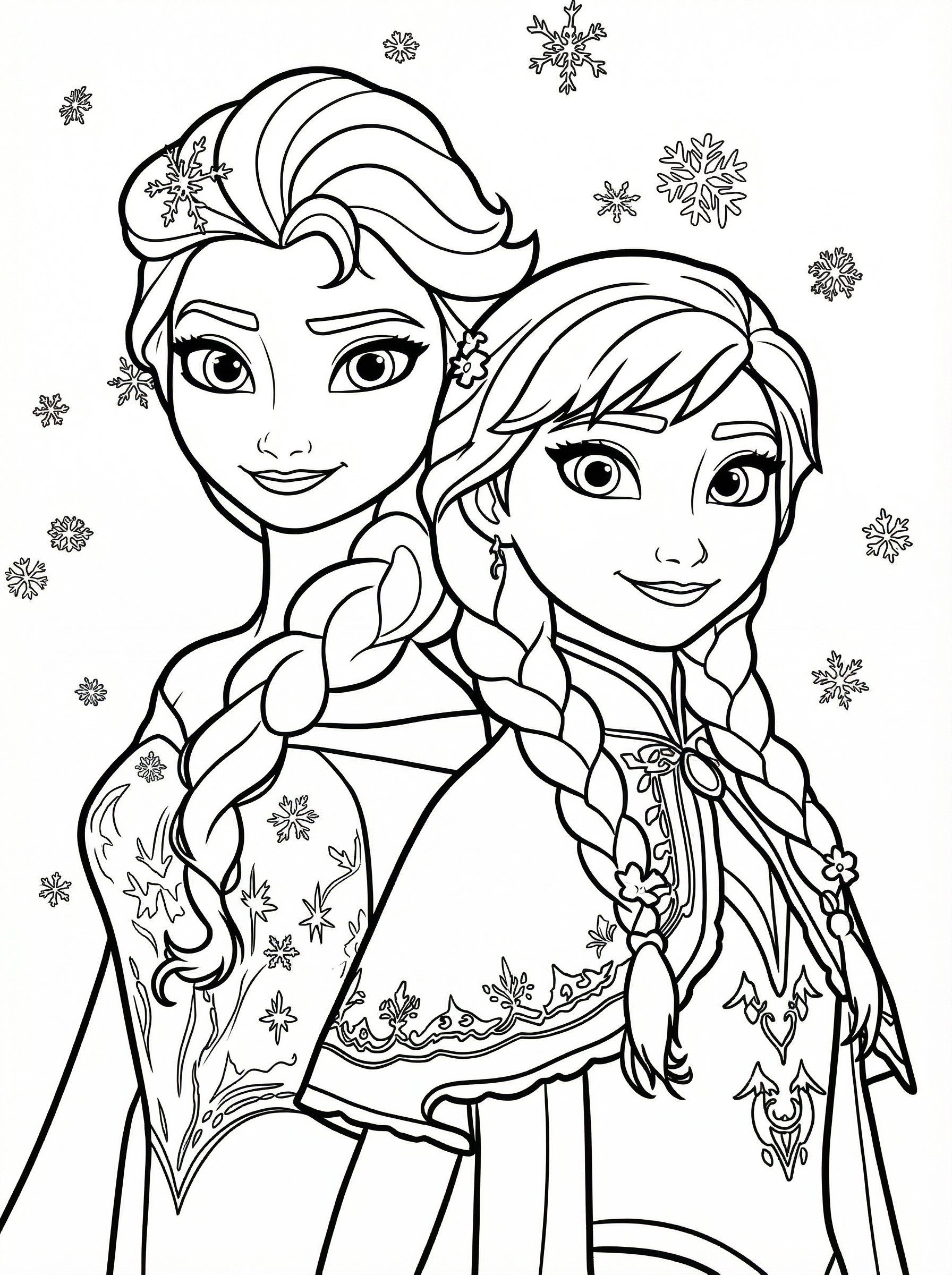 Colouring page featuring Elsa and Anna from Disney's Frozen standing together surrounded by snowflakes, both wearing their signature dresses with braided hair