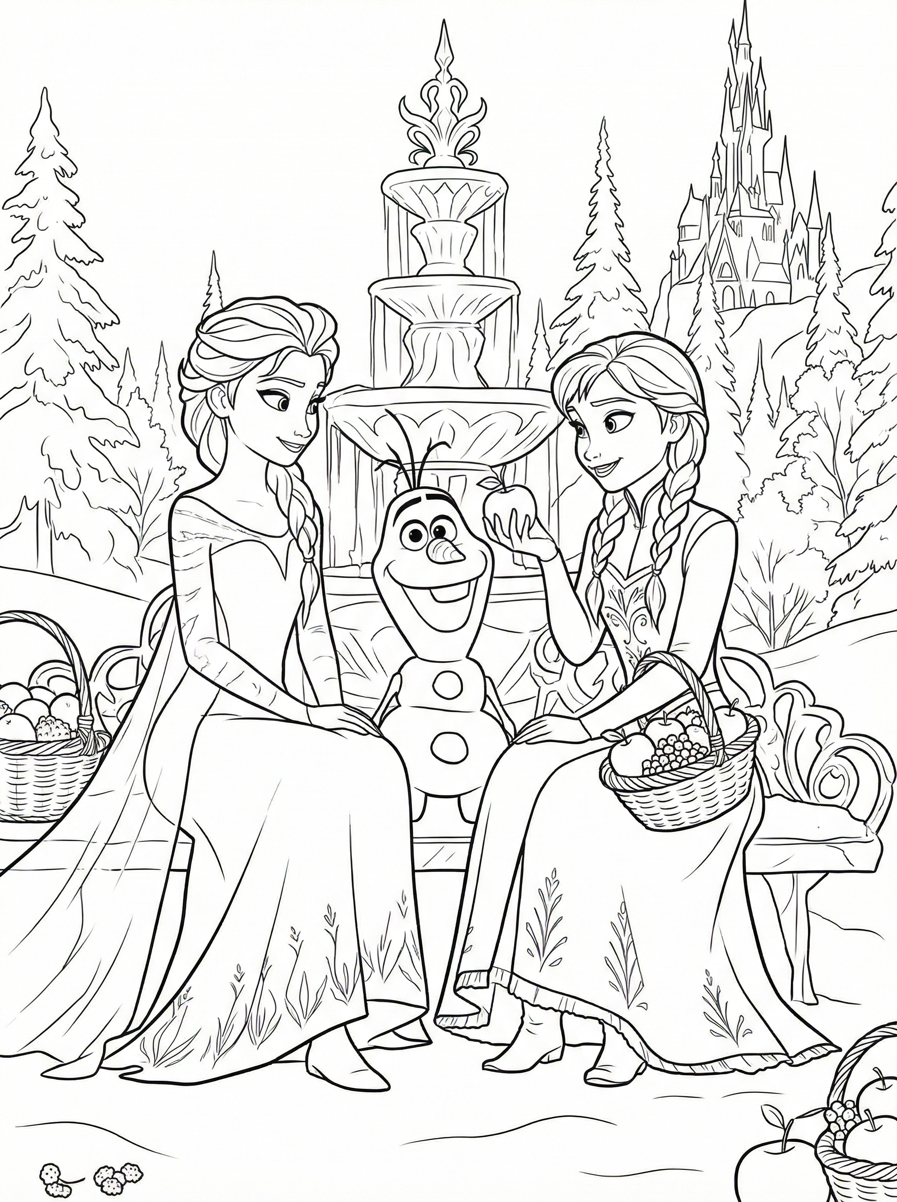 Colouring page showing Elsa and Anna from Disney's Frozen sitting by an ornate fountain with Olaf the snowman between them, holding baskets of fruit, with Arendelle castle and pine trees in the background