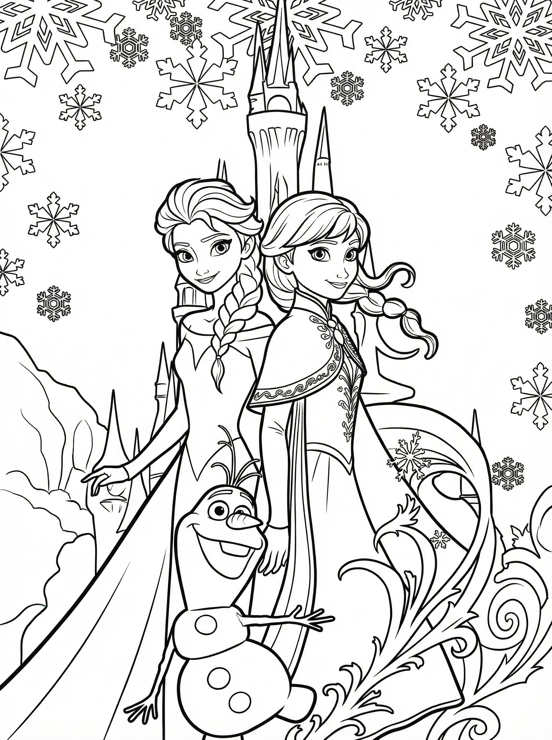 Colouring page featuring Disney's Frozen characters Elsa and Anna standing together with Olaf the snowman, surrounded by snowflakes and an ice castle in the background