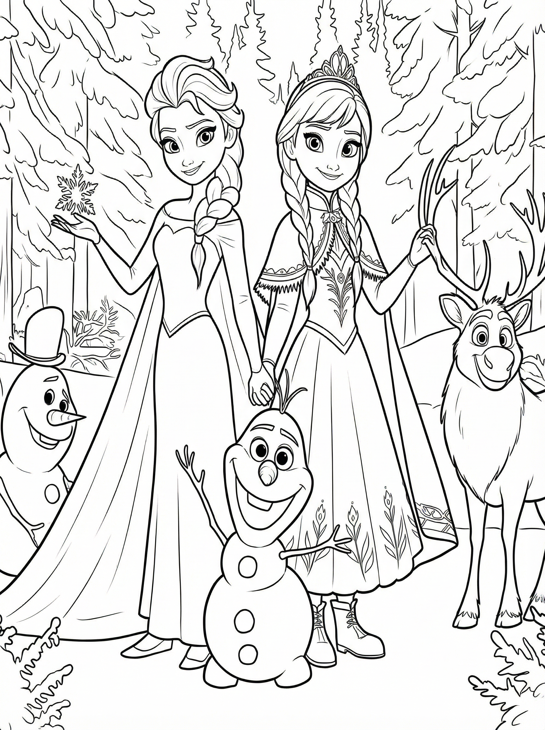 Colouring page showing Elsa and Anna from Disney's Frozen standing together in a snowy forest with Olaf the snowman, Sven the reindeer, and Kristoff