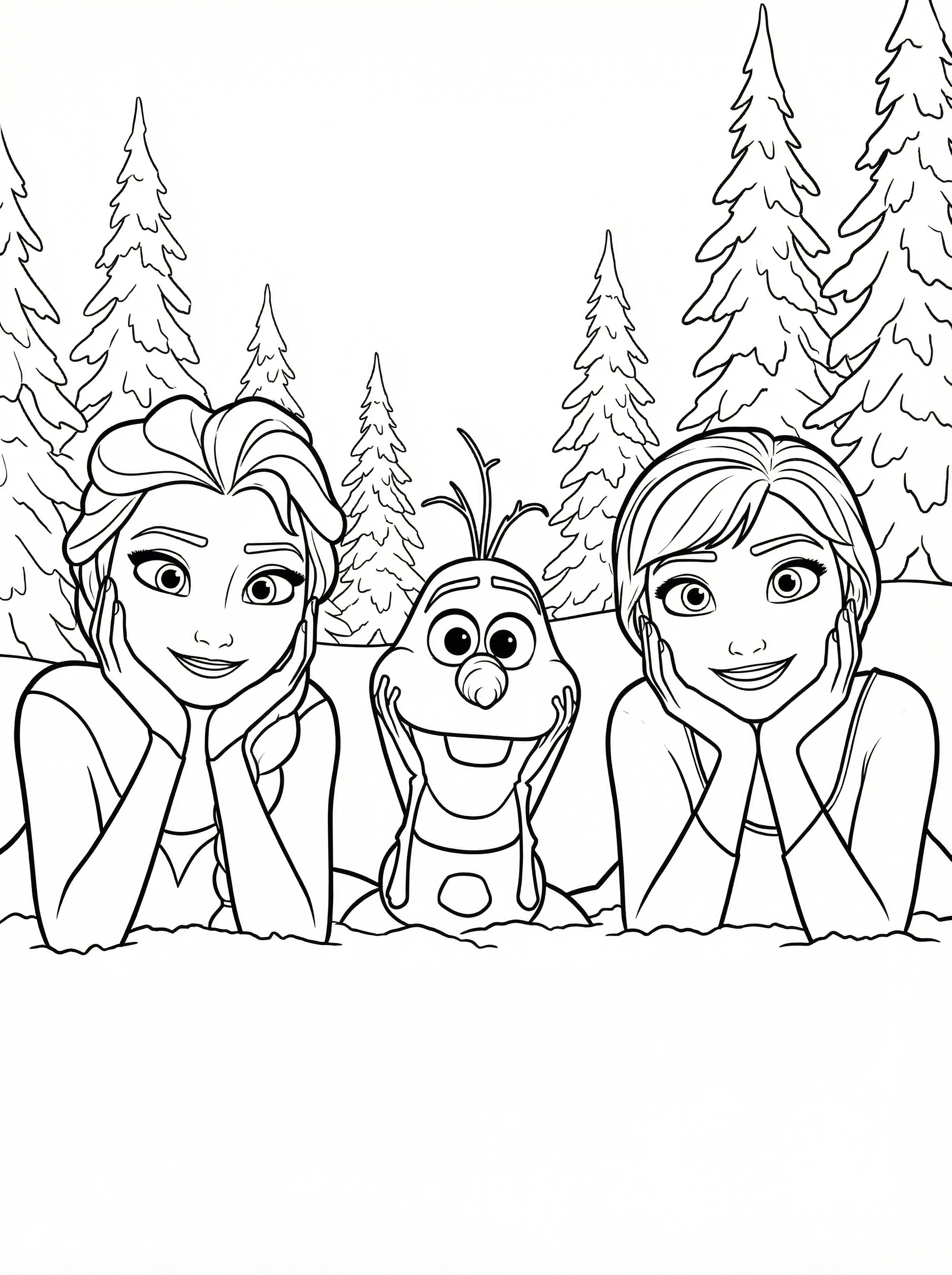 Colouring page showing Elsa, Anna and Olaf from Disney's Frozen lying in snow with pine trees in the background