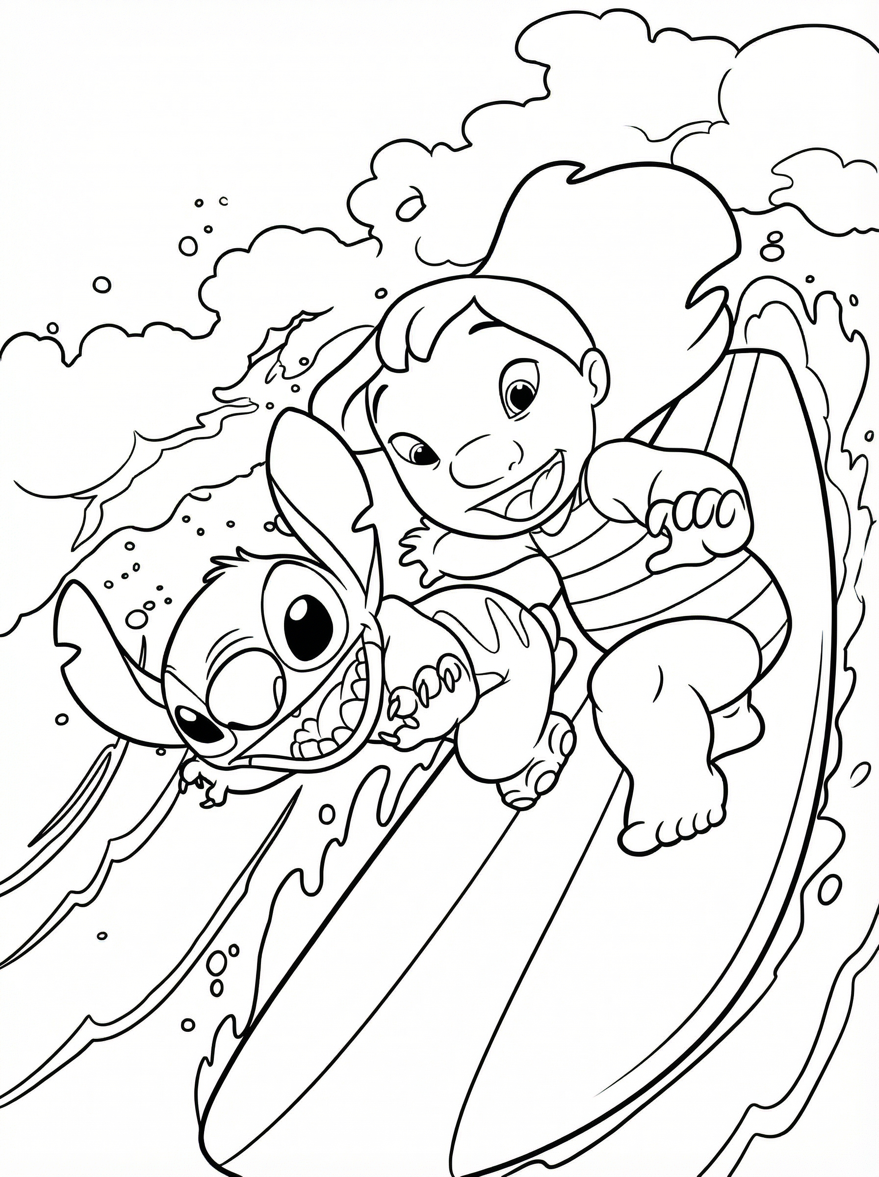 Colouring page showing Lilo and Stitch surfing together on a wave in Hawaii with clouds and a volcano in the background