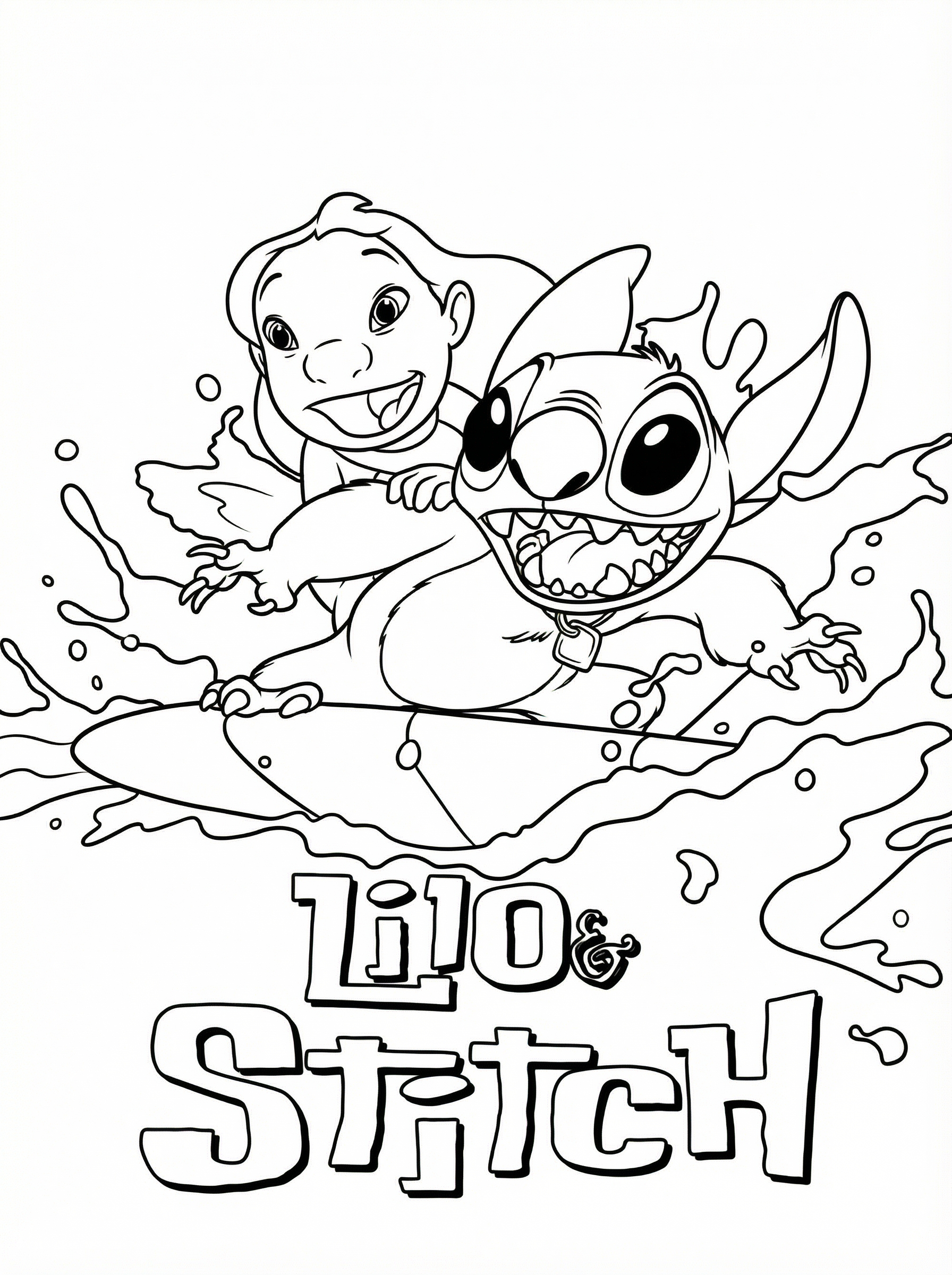 Black and white line drawing of Lilo and Stitch surfing together on a wave with splashing water, featuring the Lilo & Stitch logo at the bottom