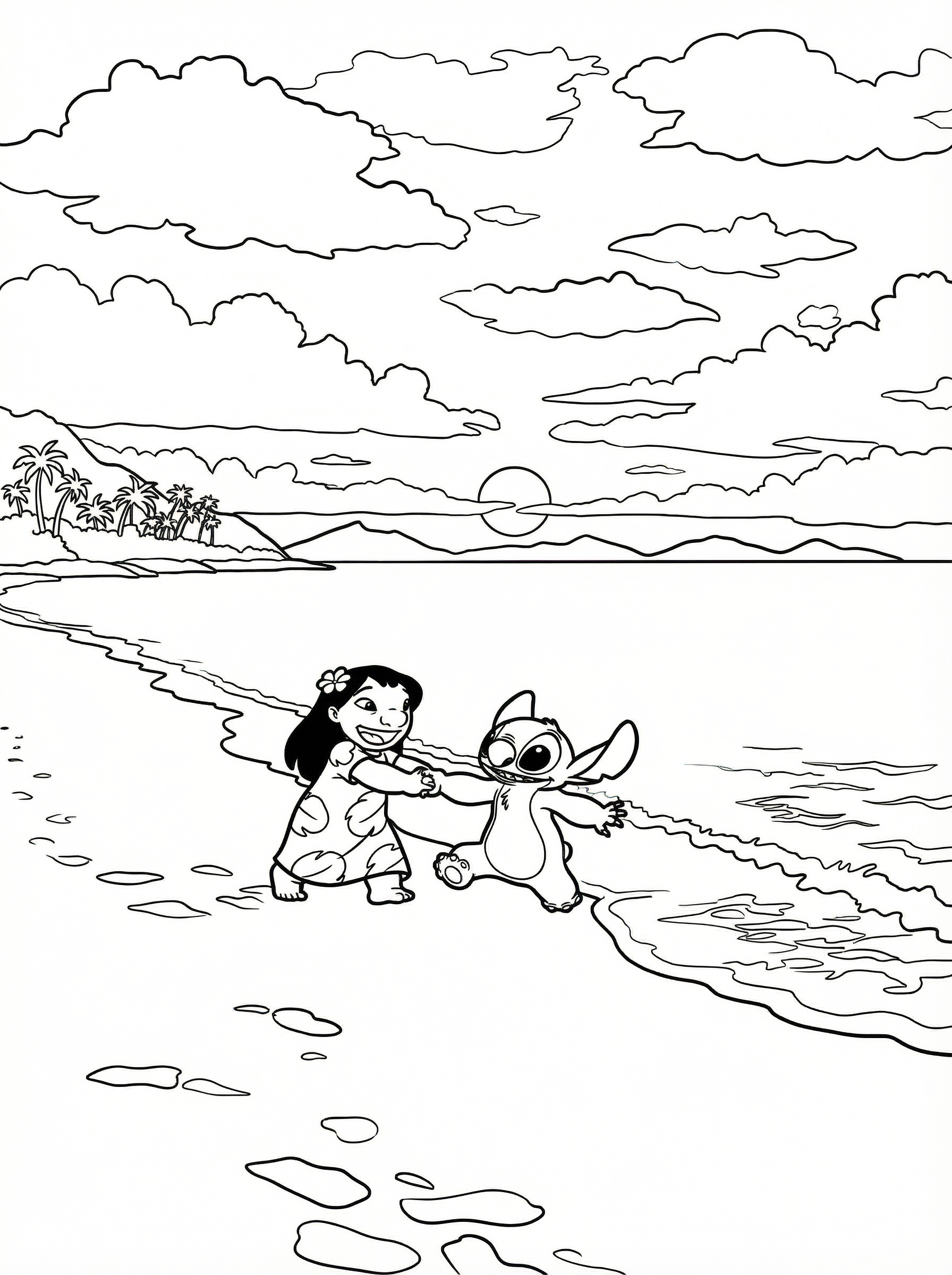 Black and white line drawing of Lilo and Stitch dancing together on a Hawaiian beach with palm trees, ocean waves, and clouds in the background