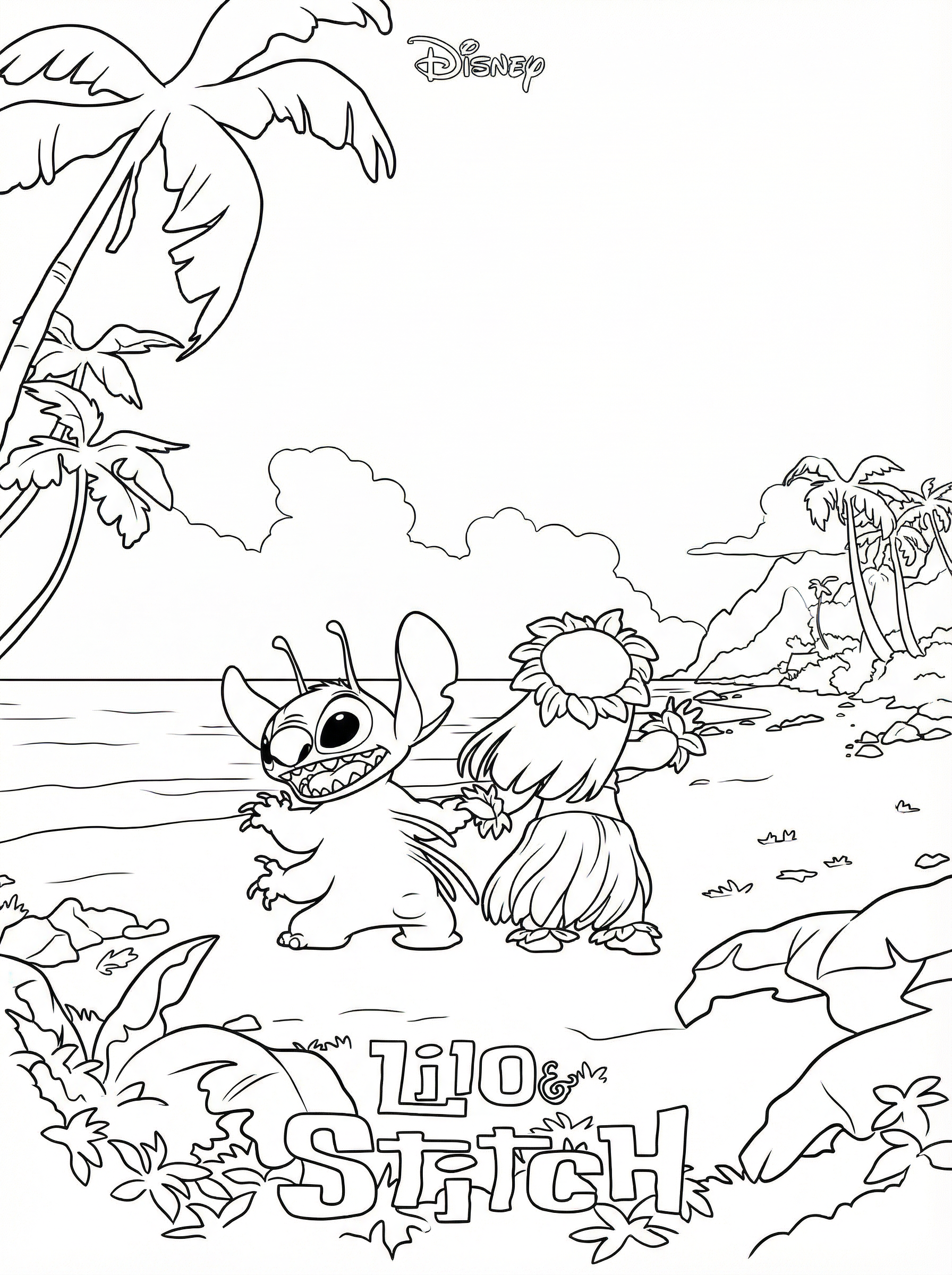 Black and white line drawing of Stitch and Lilo on a Hawaiian beach with palm trees, clouds, and the Lilo & Stitch logo at the bottom