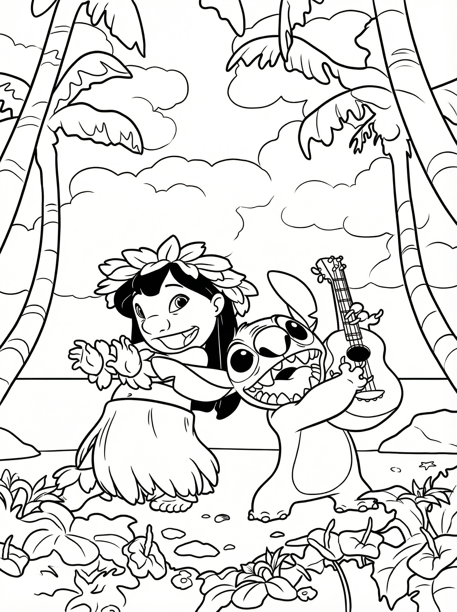 Black and white line drawing colouring page showing Lilo wearing a flower crown and grass skirt standing next to Stitch who is holding a ukulele, surrounded by tropical palm trees and jungle foliage