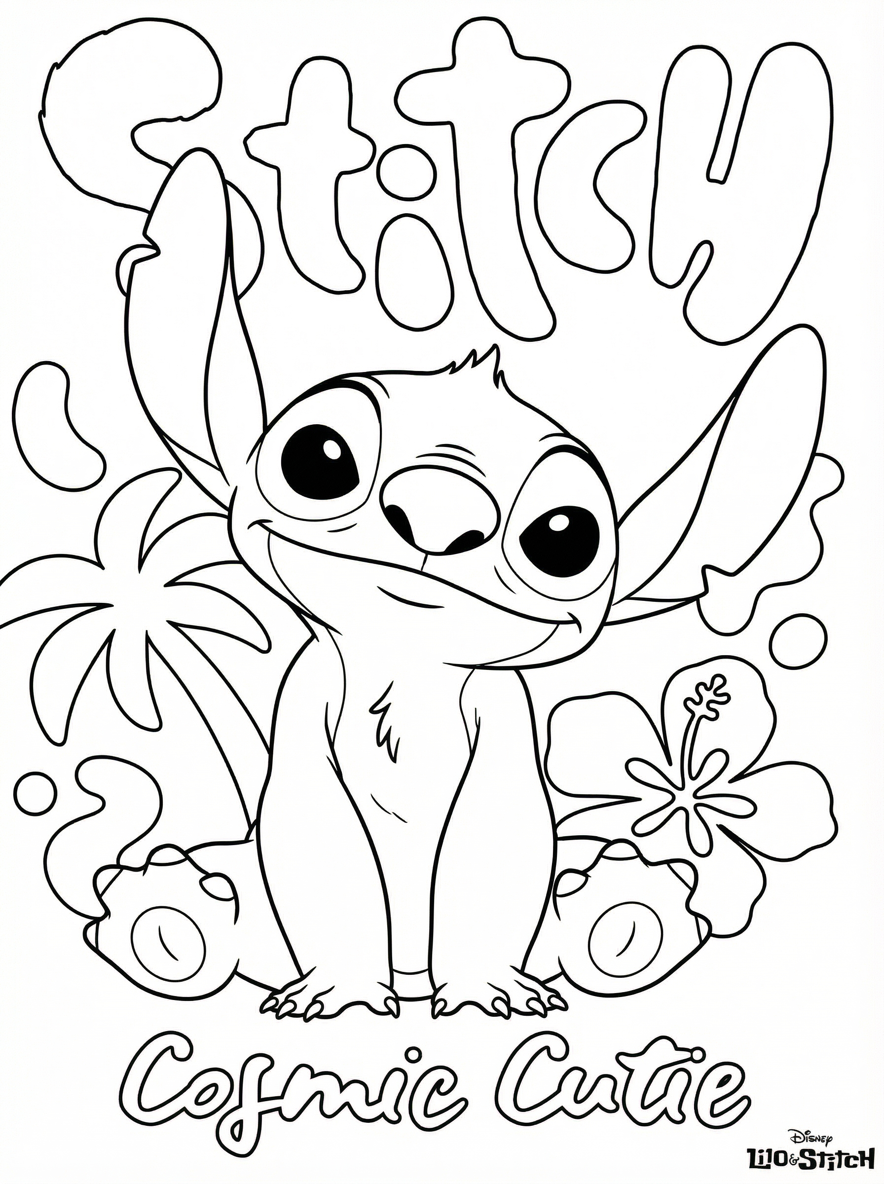 Stitch from Disney's Lilo & Stitch colouring page with text 'Cosmic Cutie' and Hawaiian hibiscus flowers