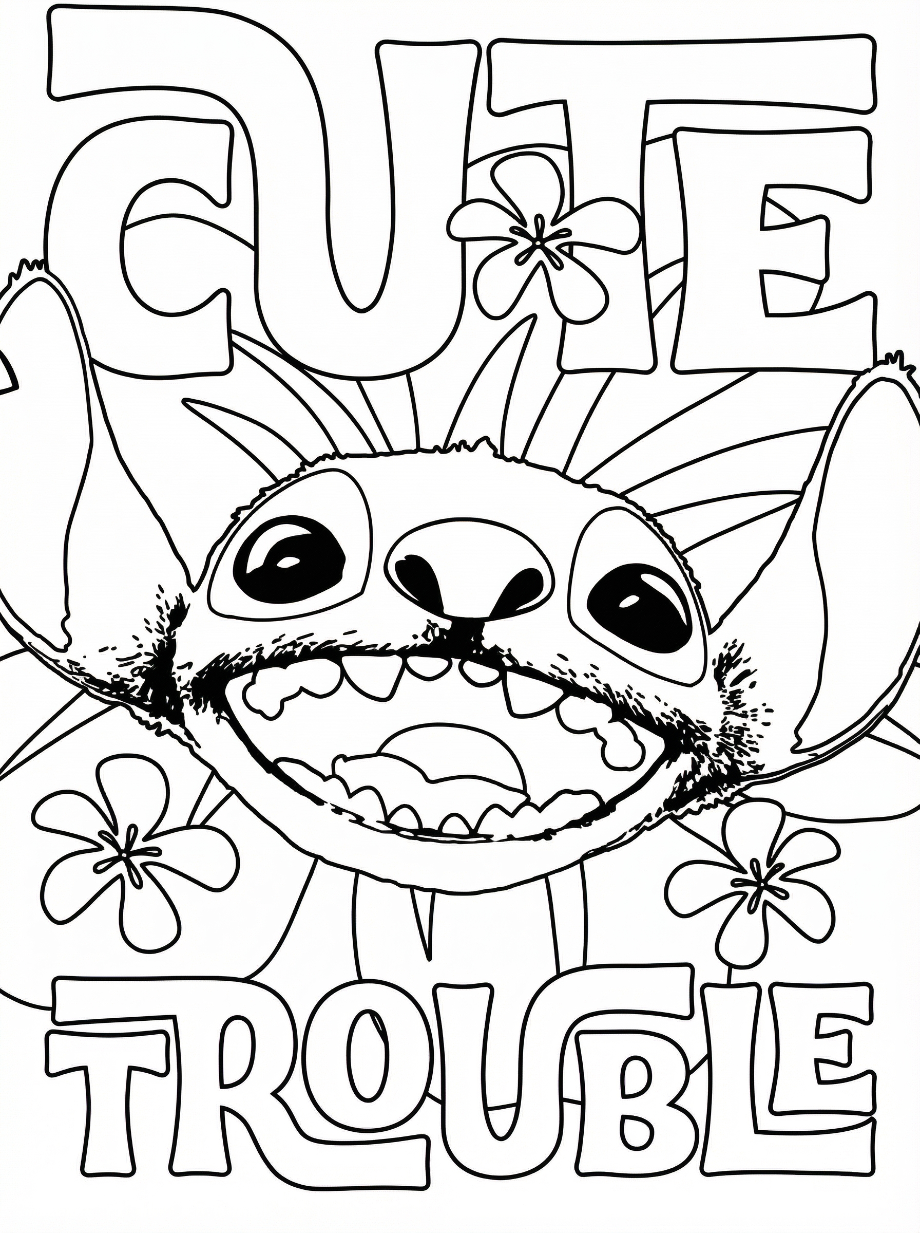 Black and white colouring page featuring Stitch from Disney's Lilo and Stitch with a big smile, surrounded by Hawaiian plumeria flowers, with 'Cute but Trouble' text at top and bottom