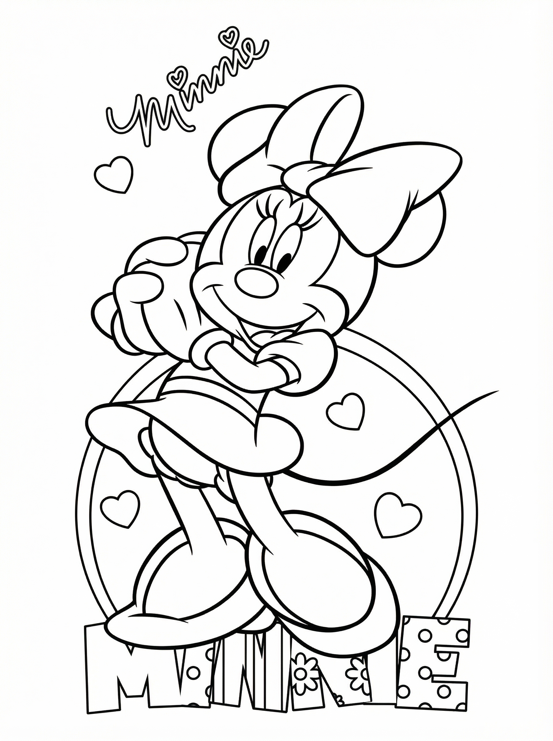 Black and white line drawing of Minnie Mouse with her signature bow, pointing and surrounded by hearts, standing on blocks spelling MINNIE