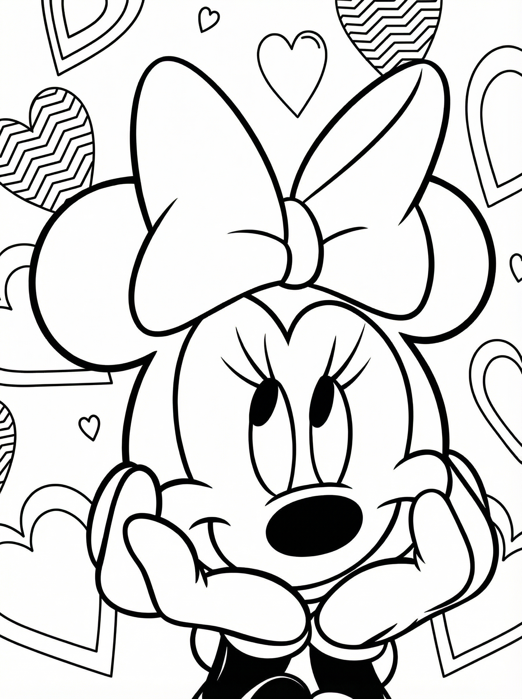 Black and white line drawing of Minnie Mouse with her large signature bow, smiling with hands clasped together, surrounded by decorative hearts with various patterns