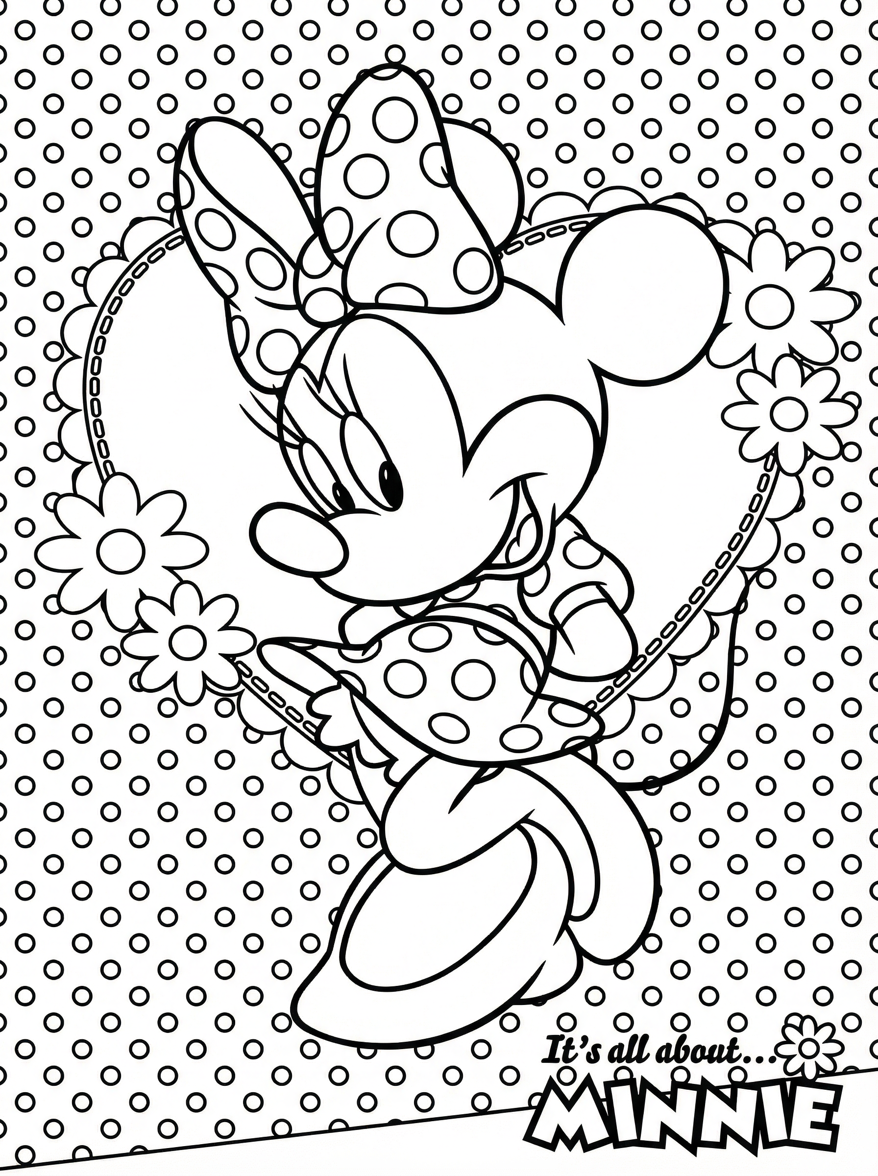 Black and white line drawing of Minnie Mouse wearing her signature polka dot bow and dress, holding a heart decorated with polka dots and surrounded by daisies on a dotted background