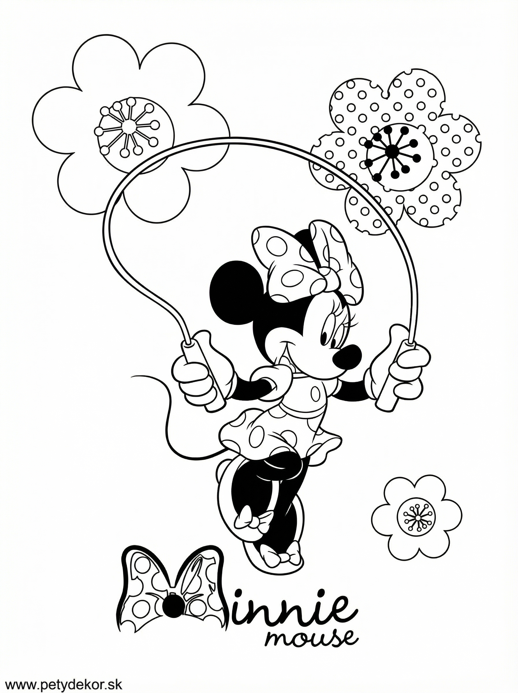 Minnie Mouse colouring page showing her holding a skipping rope with decorative flowers, wearing her signature polka dot bow and dress