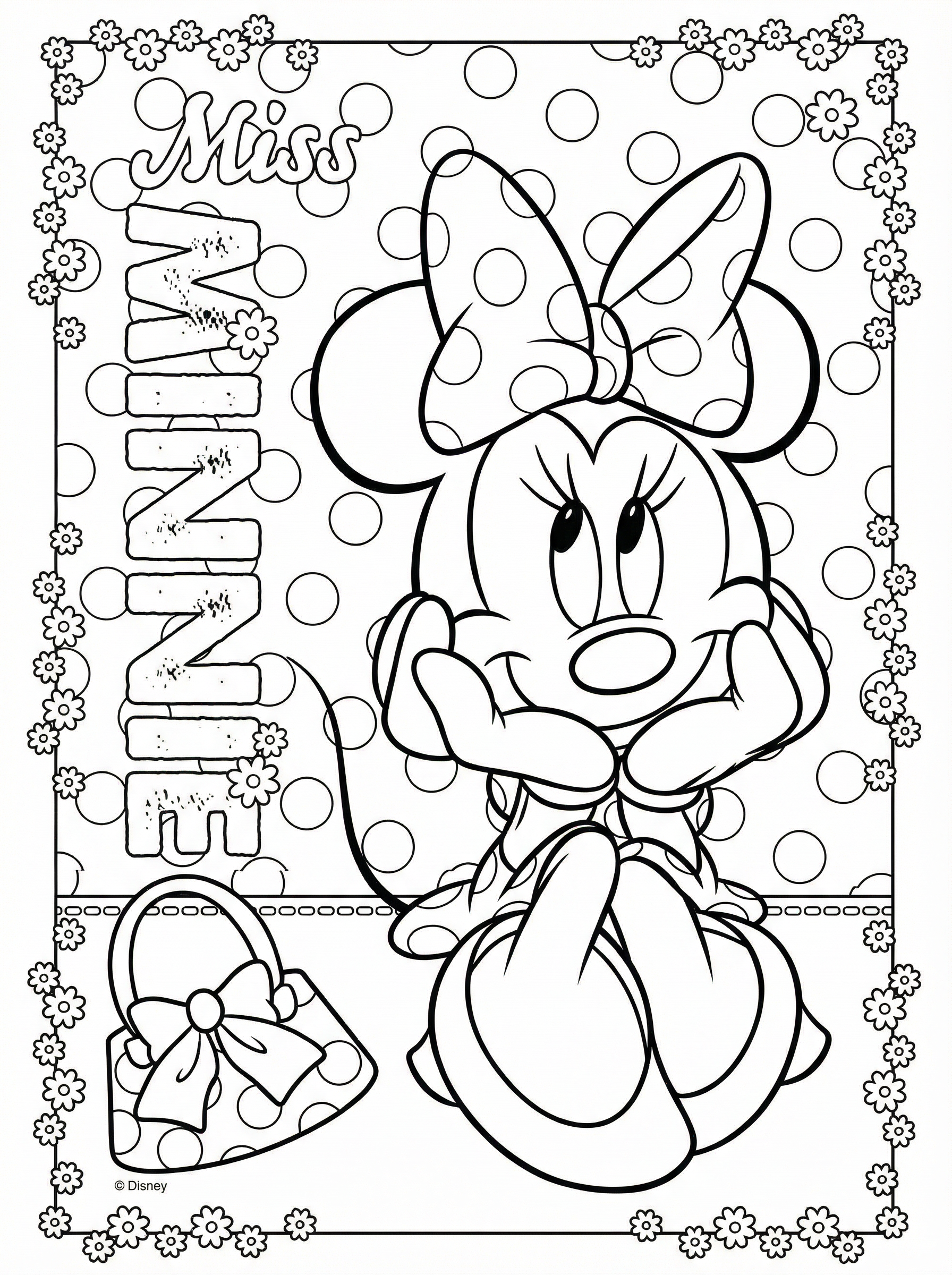 Minnie Mouse colouring page showing the Disney character sitting with her hands clasped, wearing her iconic polka dot bow, surrounded by circles and flowers in a decorative border