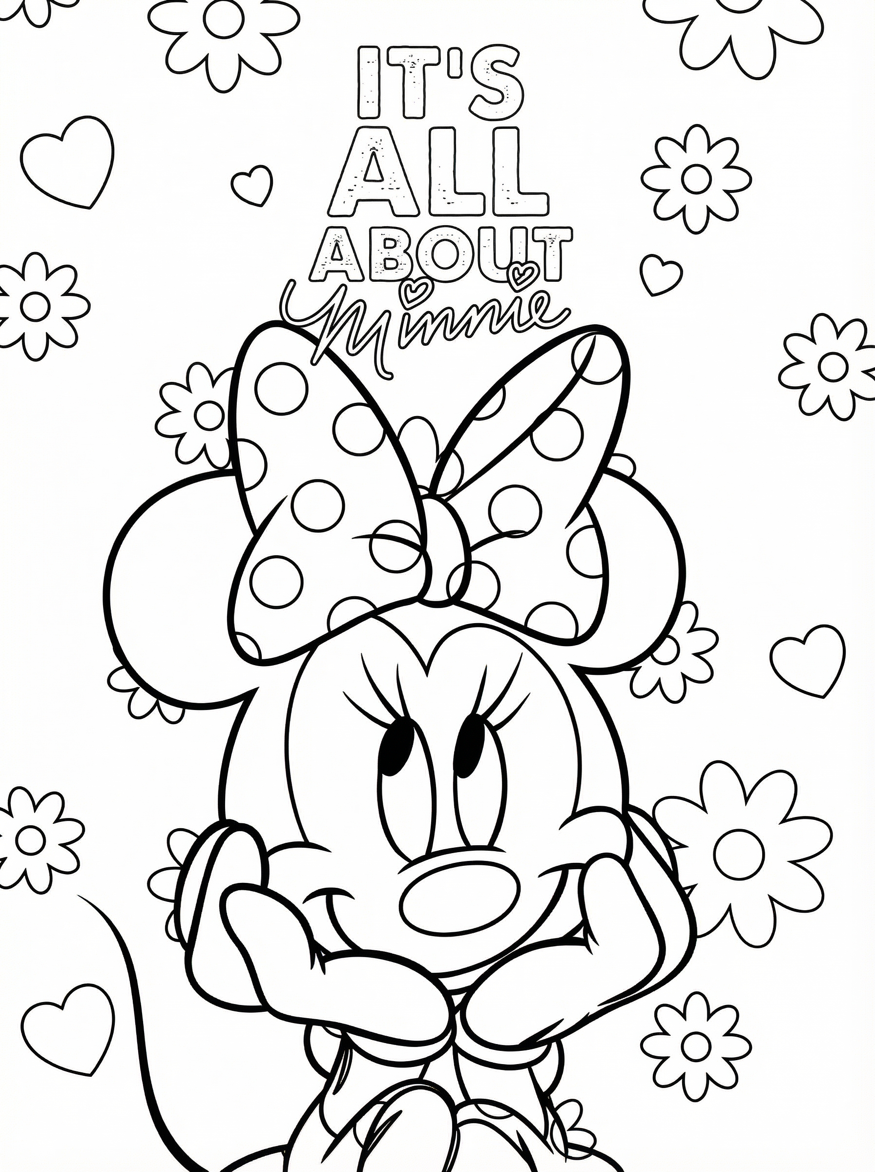 Black and white line drawing of Minnie Mouse with her signature polka dot bow, surrounded by flowers and hearts, with text reading 'It's All About Minnie'