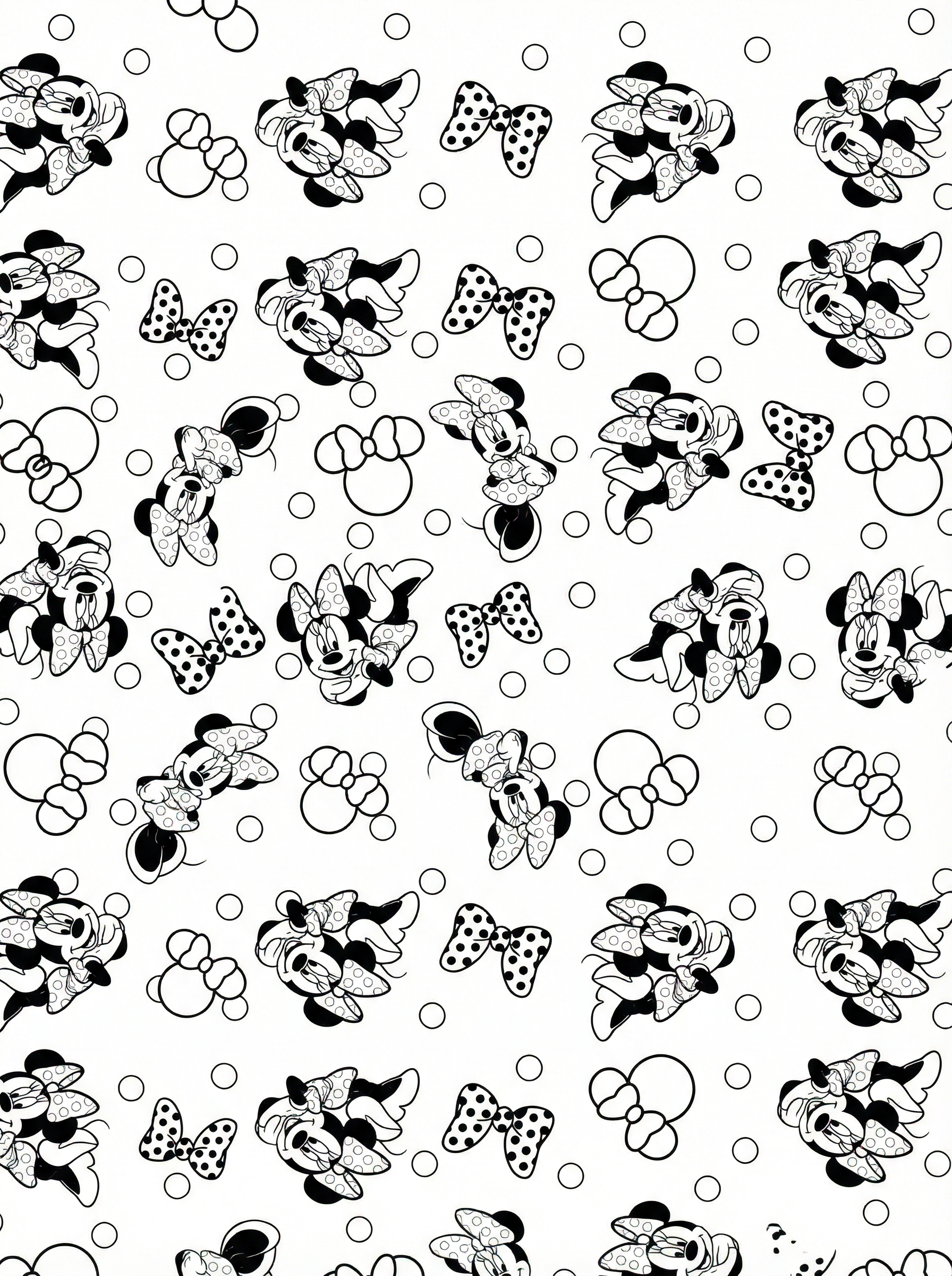 Black and white colouring page featuring multiple Minnie Mouse characters in various poses with polka dot bows, Mickey Mouse head silhouettes, and circular dots scattered throughout