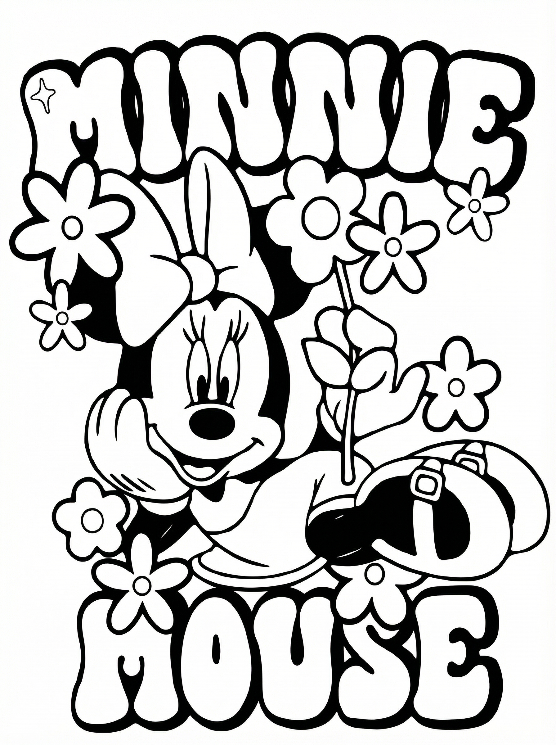 Black and white line drawing of Minnie Mouse waving, surrounded by flowers and decorative text reading 'Minnie Mouse', suitable for colouring