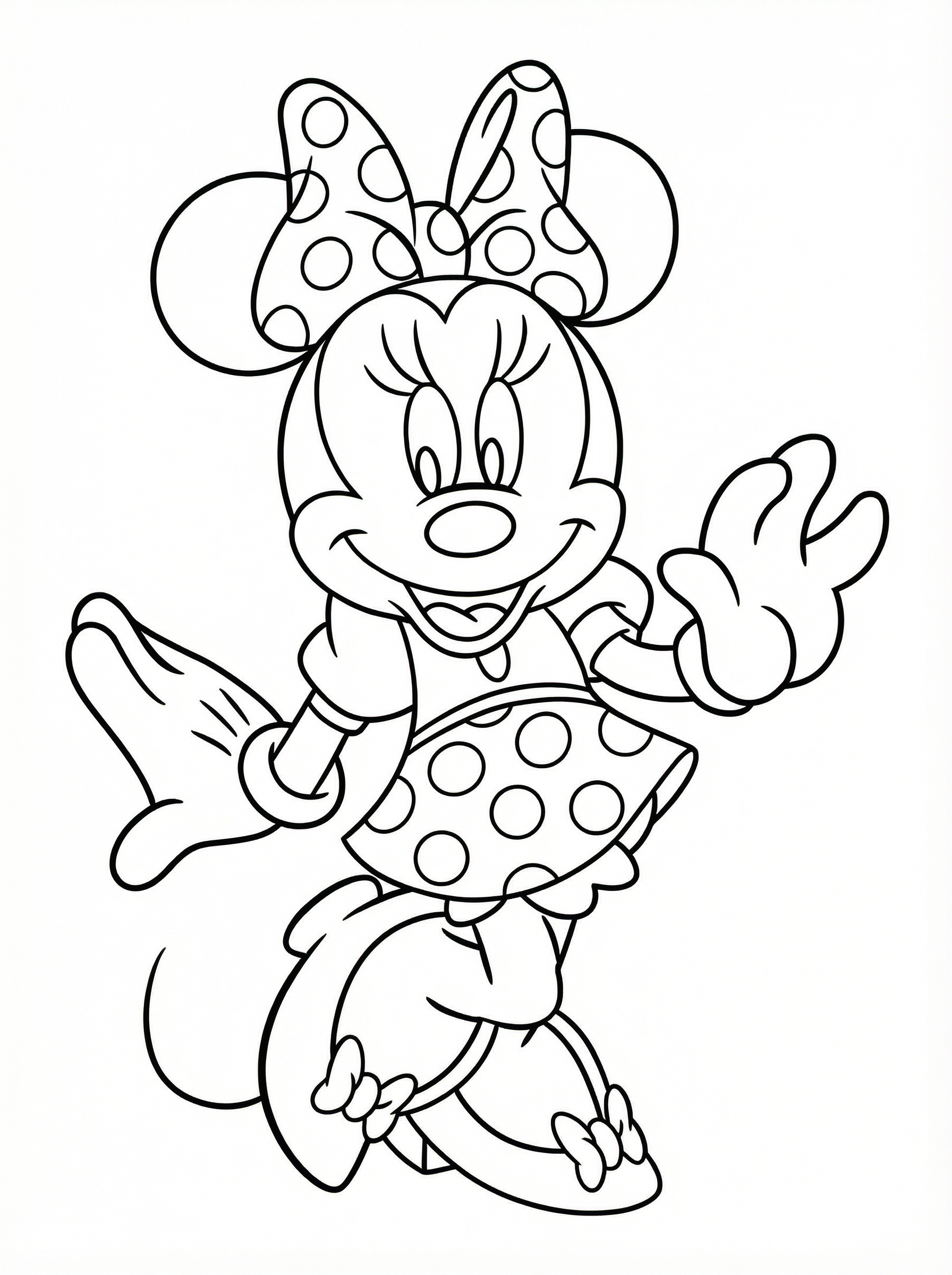 Black and white line drawing of Minnie Mouse waving, wearing her signature polka dot dress and bow, suitable for colouring