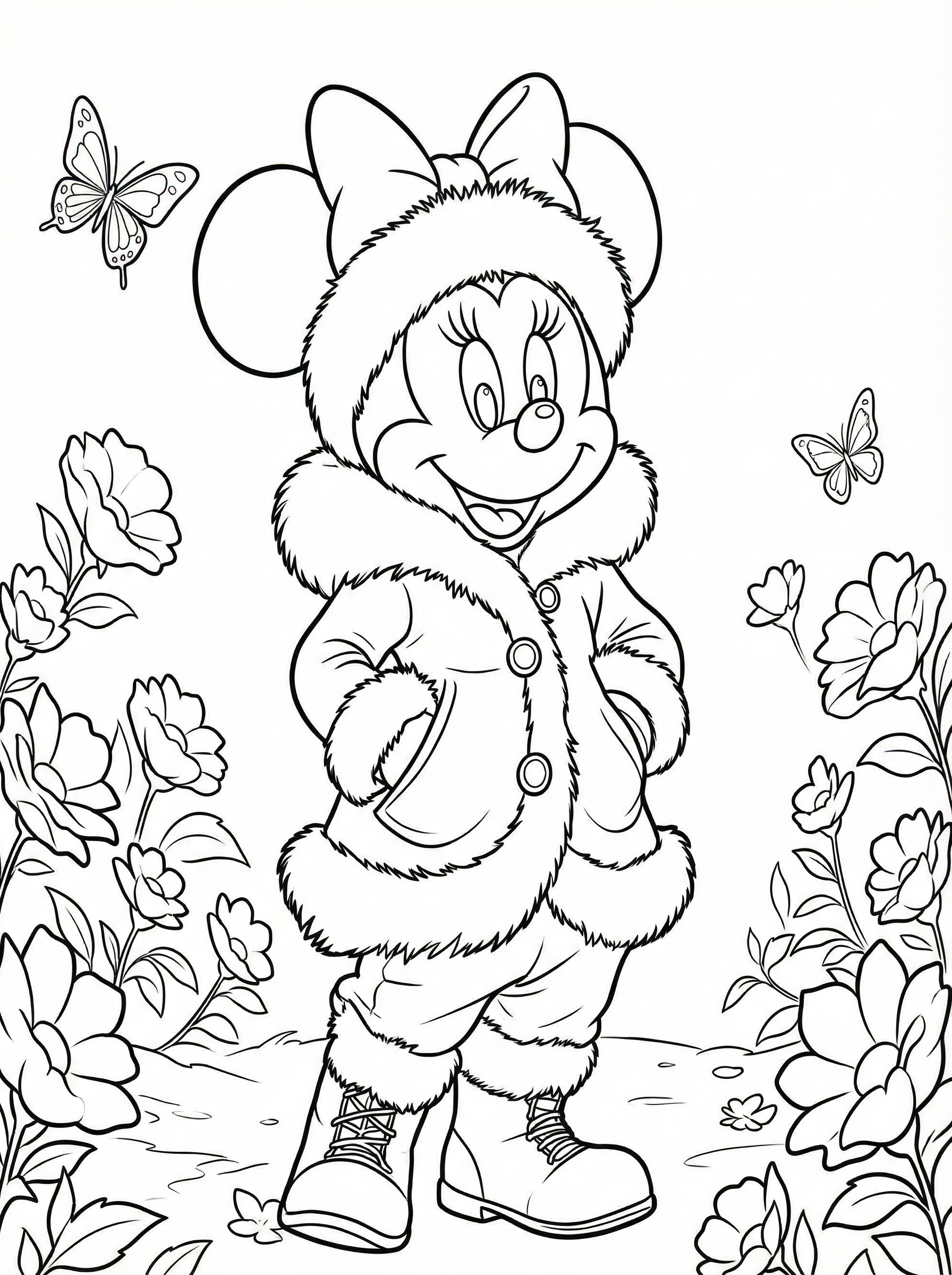 Minnie Mouse wearing a furry winter coat with hood, bow, and boots, standing in a garden with flowers and butterflies