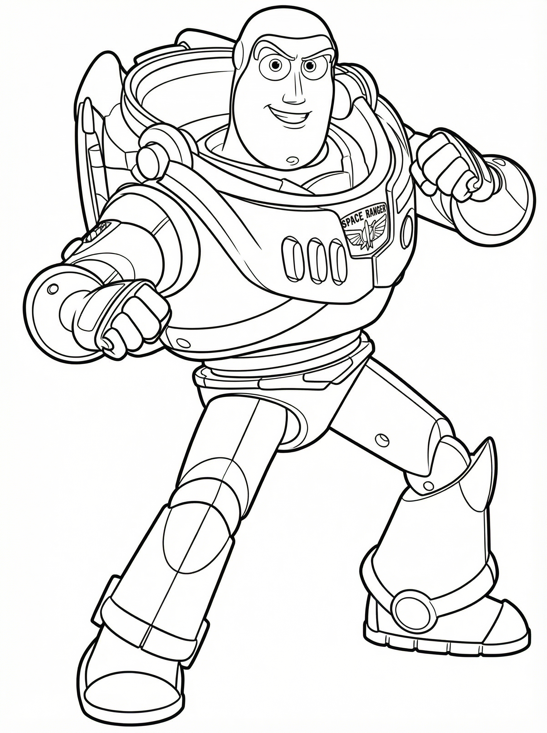 Black and white line drawing of Buzz Lightyear in his space ranger suit in an action pose, ready to colour