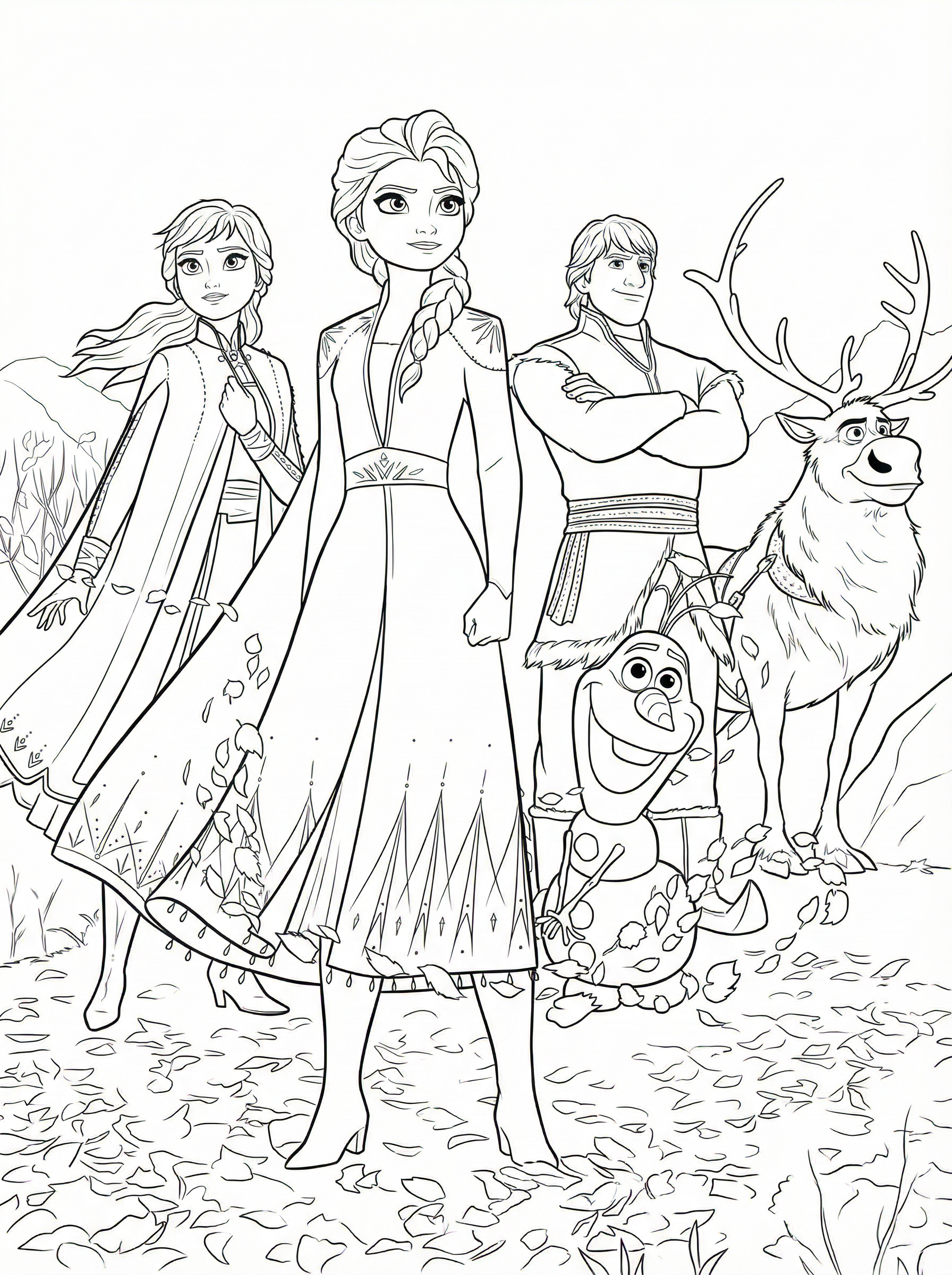 Colouring page showing Elsa, Anna, Kristoff, Olaf the snowman and Sven the reindeer standing together in an autumn forest scene from Disney's Frozen