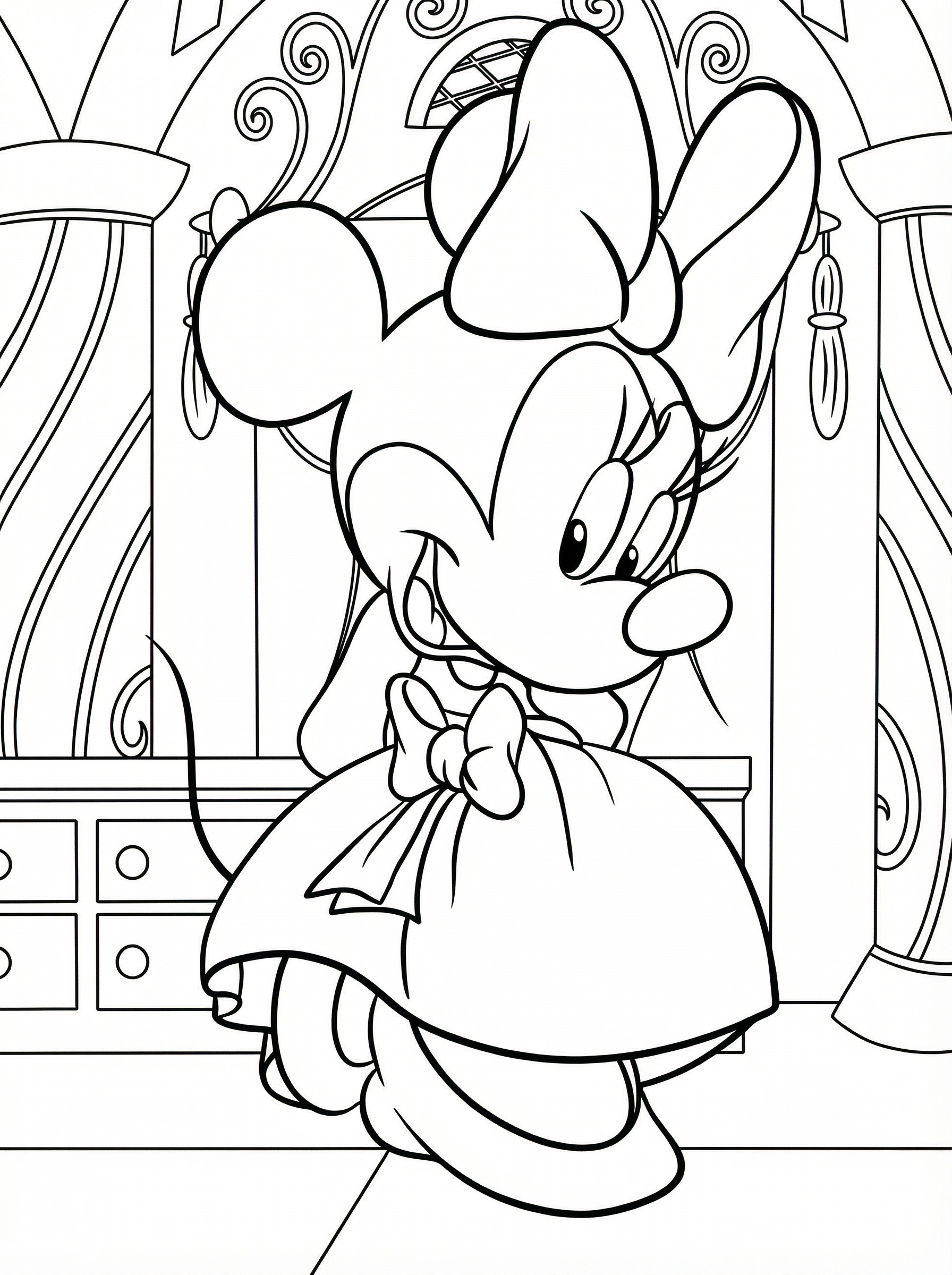 Black and white line drawing of Minnie Mouse wearing a dress with a bow, standing in an elegant room with decorative curtains and furniture