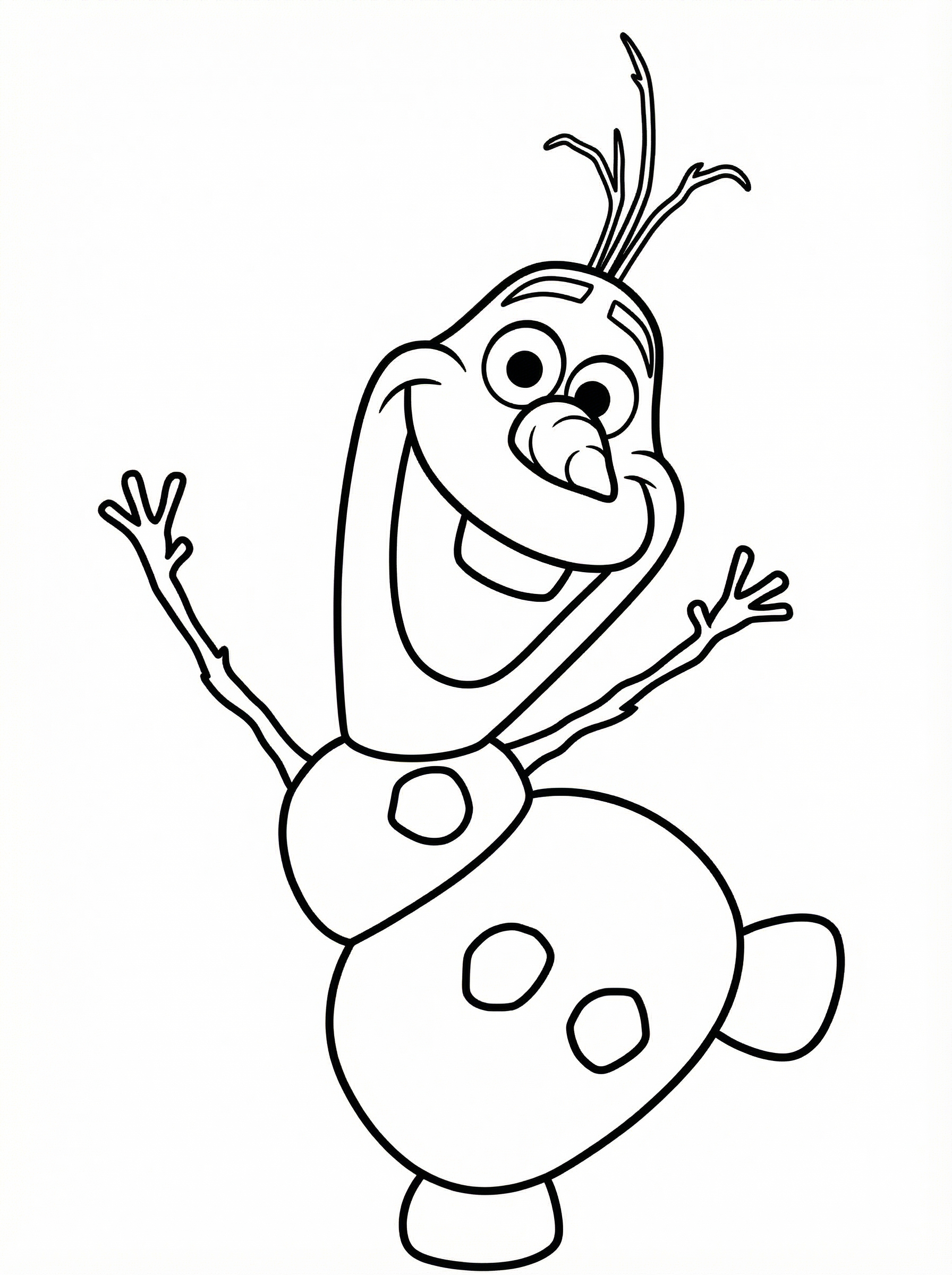 Olaf the snowman from Disney's Frozen with arms raised cheerfully, featuring his carrot nose, stick hair, and three snowball body segments