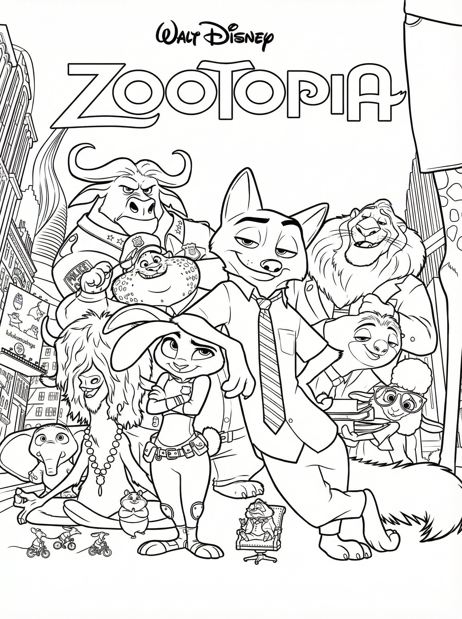 Black and white line drawing colouring page featuring Zootopia characters including Judy Hopps the rabbit police officer, Nick Wilde the fox, Chief Bogo the buffalo, Clawhauser the cheetah, Mayor Lionheart the lion, Flash the sloth, and other animal characters from the Disney film