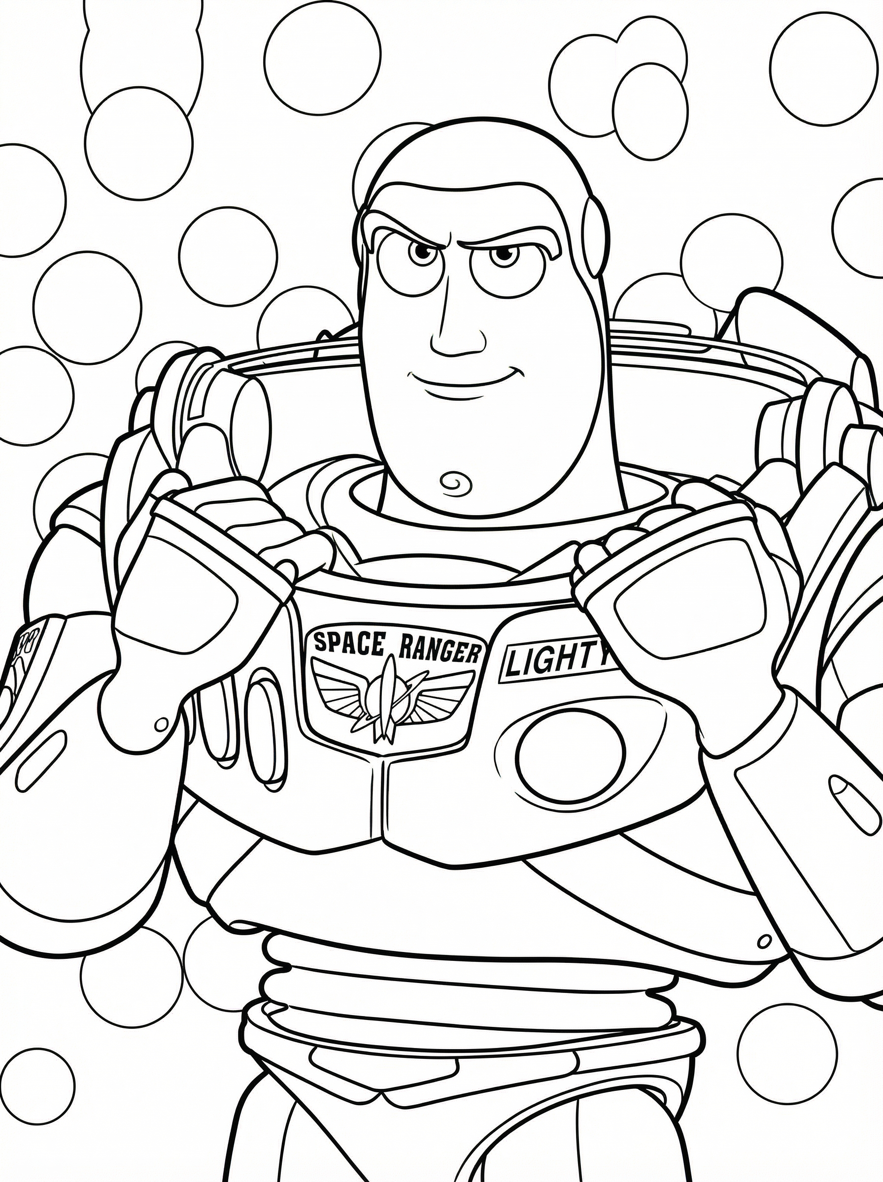 Black and white line drawing of Buzz Lightyear from Toy Story in his space ranger suit with wings extended, surrounded by floating bubbles