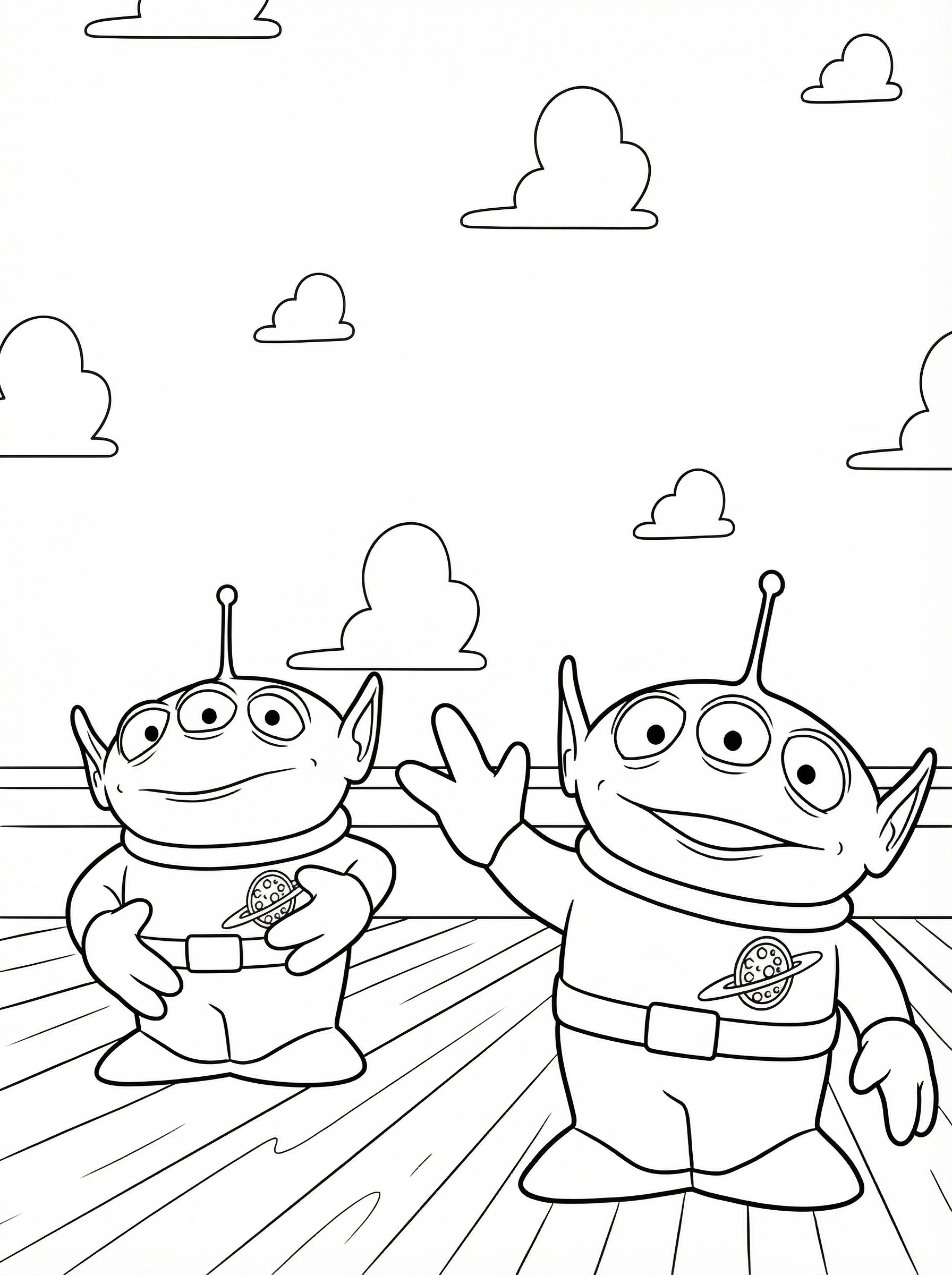 Colouring page showing two smiling Toy Story aliens with three eyes and antennae, wearing space suits with planet logos, standing on a wooden floor with clouds in the background