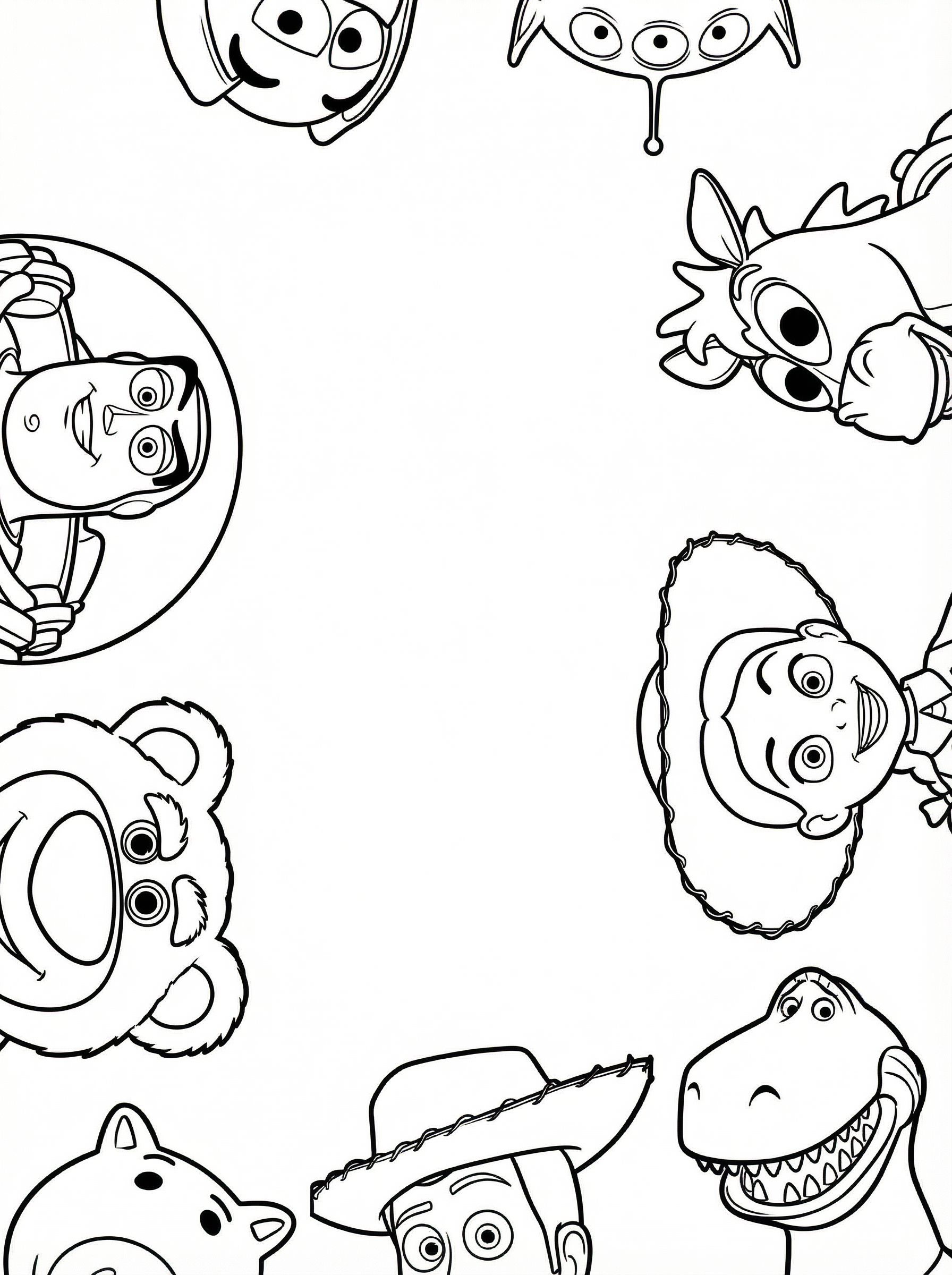 Black and white line drawing colouring page featuring multiple Toy Story characters including Woody the cowboy, Rex the dinosaur, and other beloved toys arranged in a circular pattern