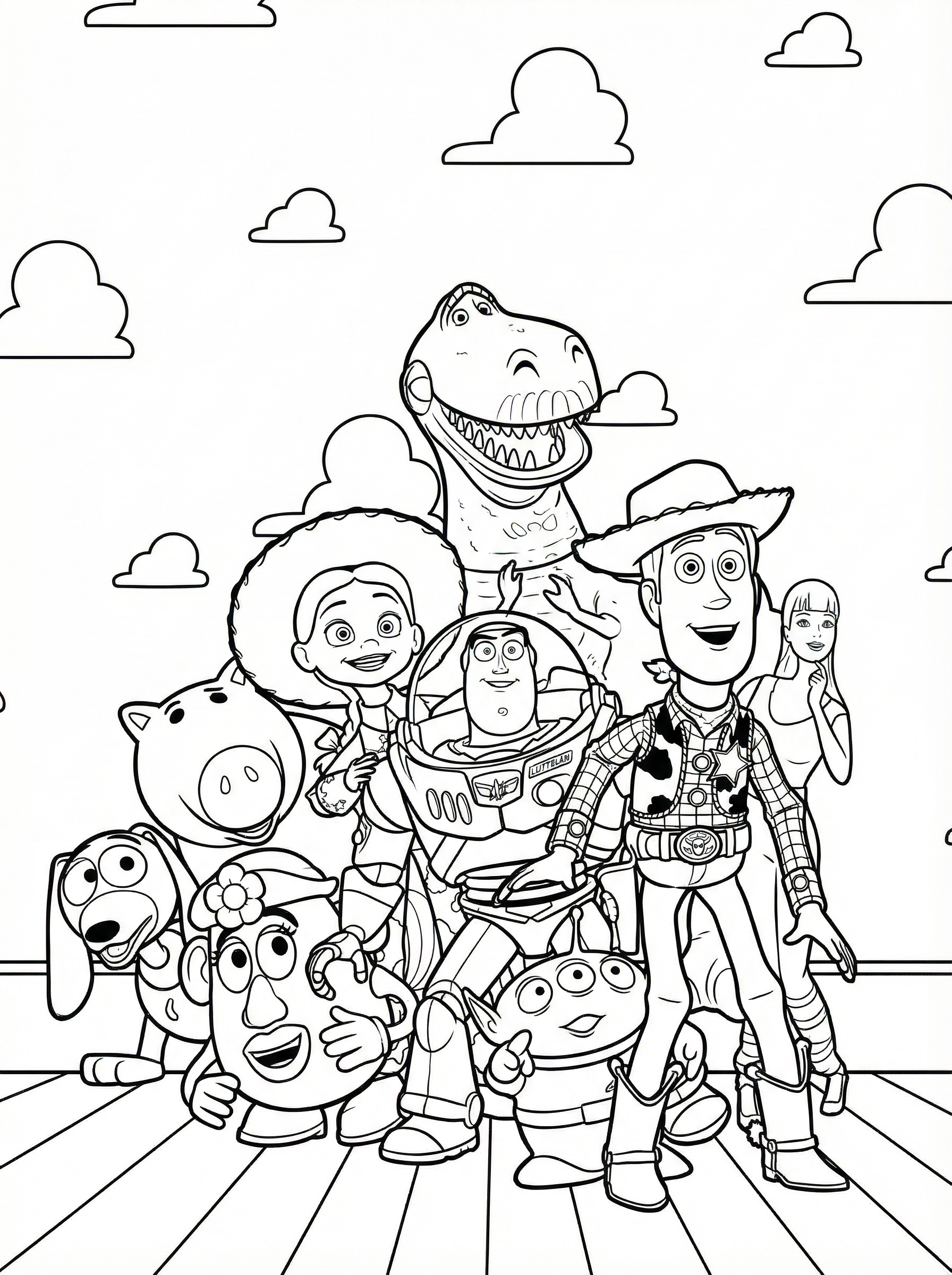 Black and white line drawing colouring page showing Toy Story characters including Woody, Buzz Lightyear, Rex the dinosaur, Hamm the piggy bank, Slinky Dog, Mr and Mrs Potato Head, and other toys grouped together with clouds in the background