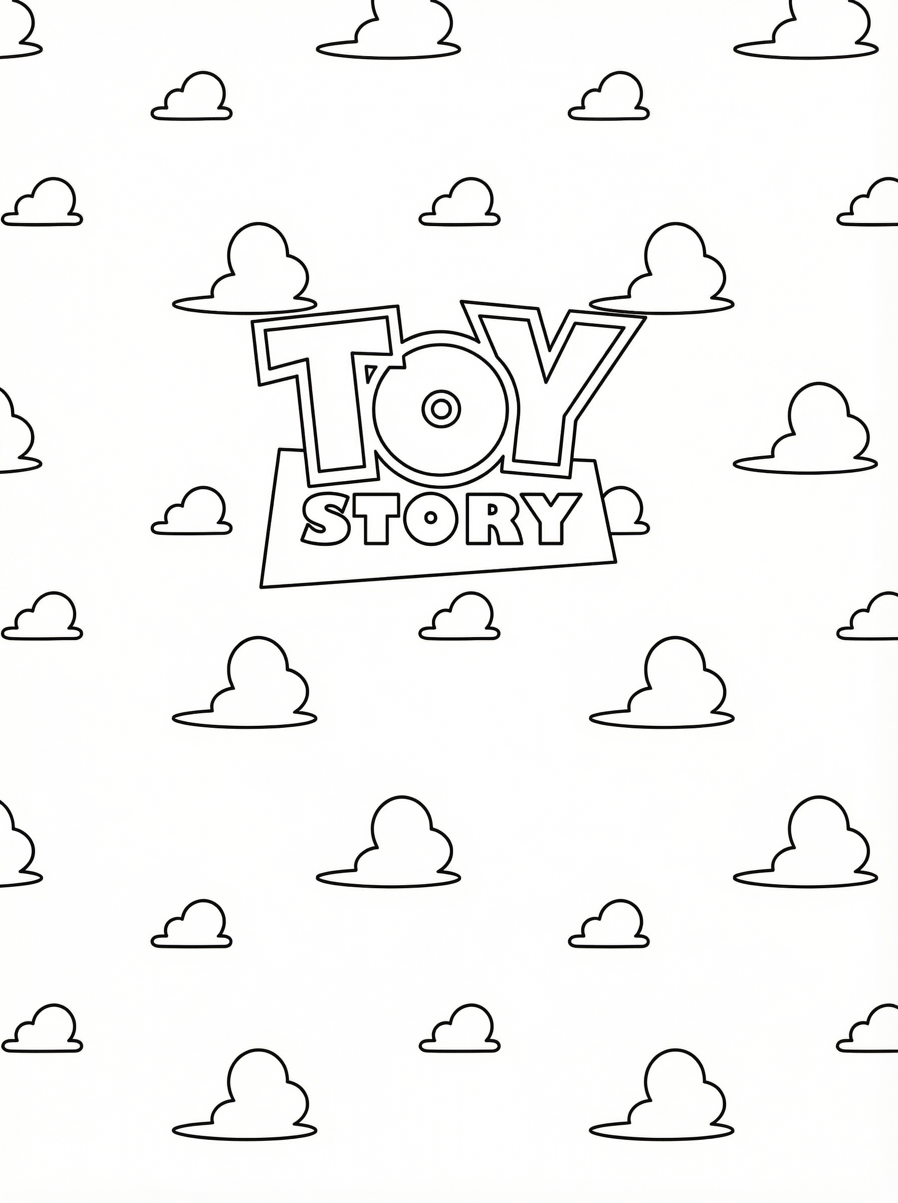 Toy Story logo colouring page with clouds scattered across the background, outlined in black and white for children to colour