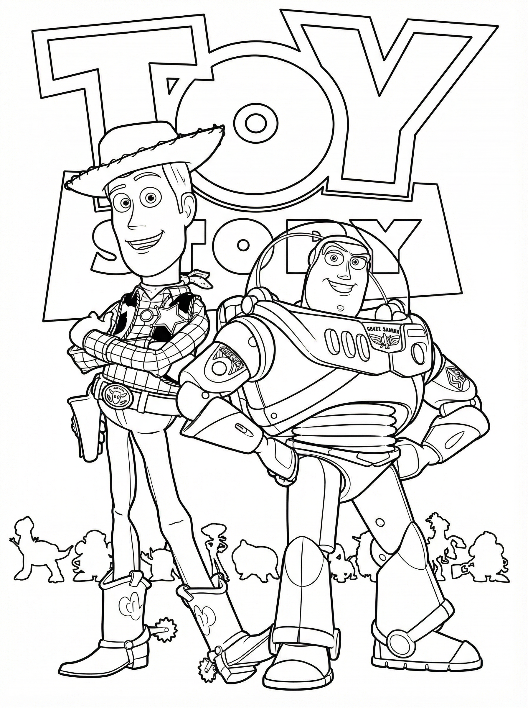 Colouring page showing Woody the cowboy and Buzz Lightyear the space ranger from Toy Story standing together with the Toy Story logo above them