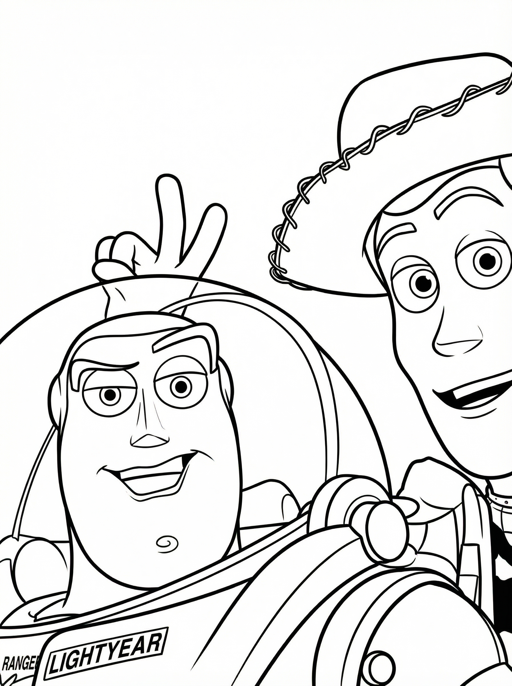 Black and white line drawing colouring page featuring Woody the cowboy and Buzz Lightyear the space ranger from Disney Pixar's Toy Story