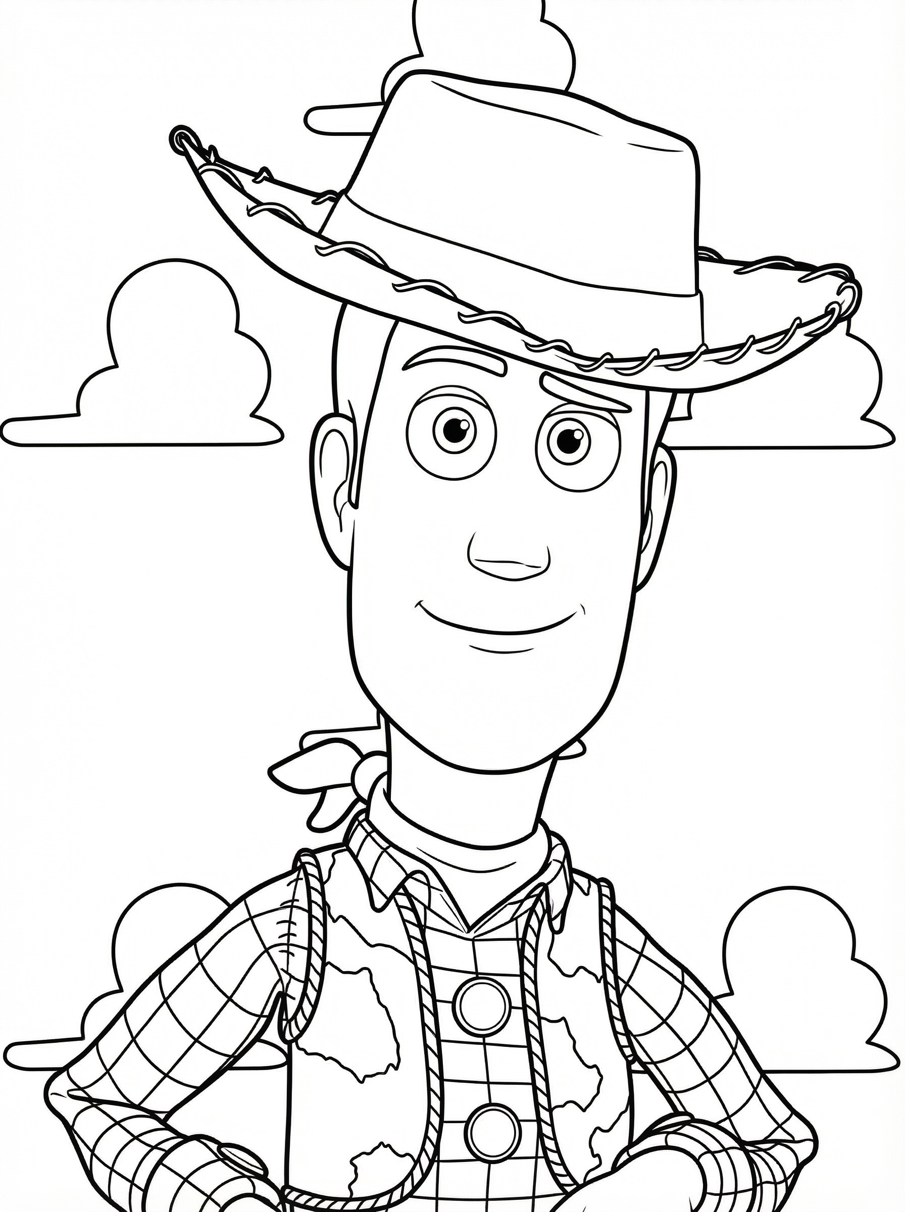 Colouring page of Woody the cowboy from Toy Story wearing his signature hat and checkered shirt with a friendly smile
