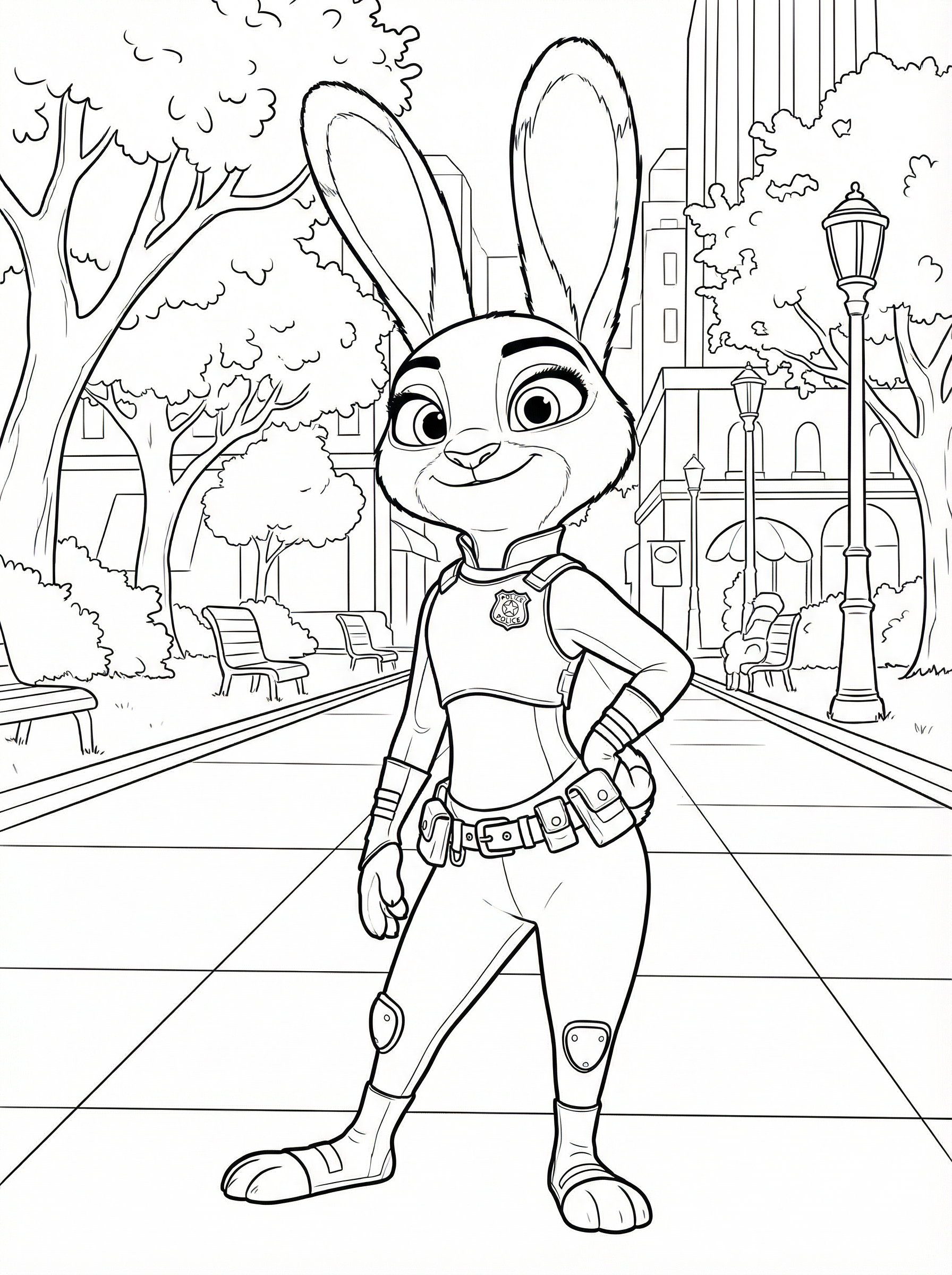 Colouring page of Judy Hopps, the rabbit police officer from Disney's Zootopia, standing confidently in her police uniform in a city park setting with buildings and trees in the background