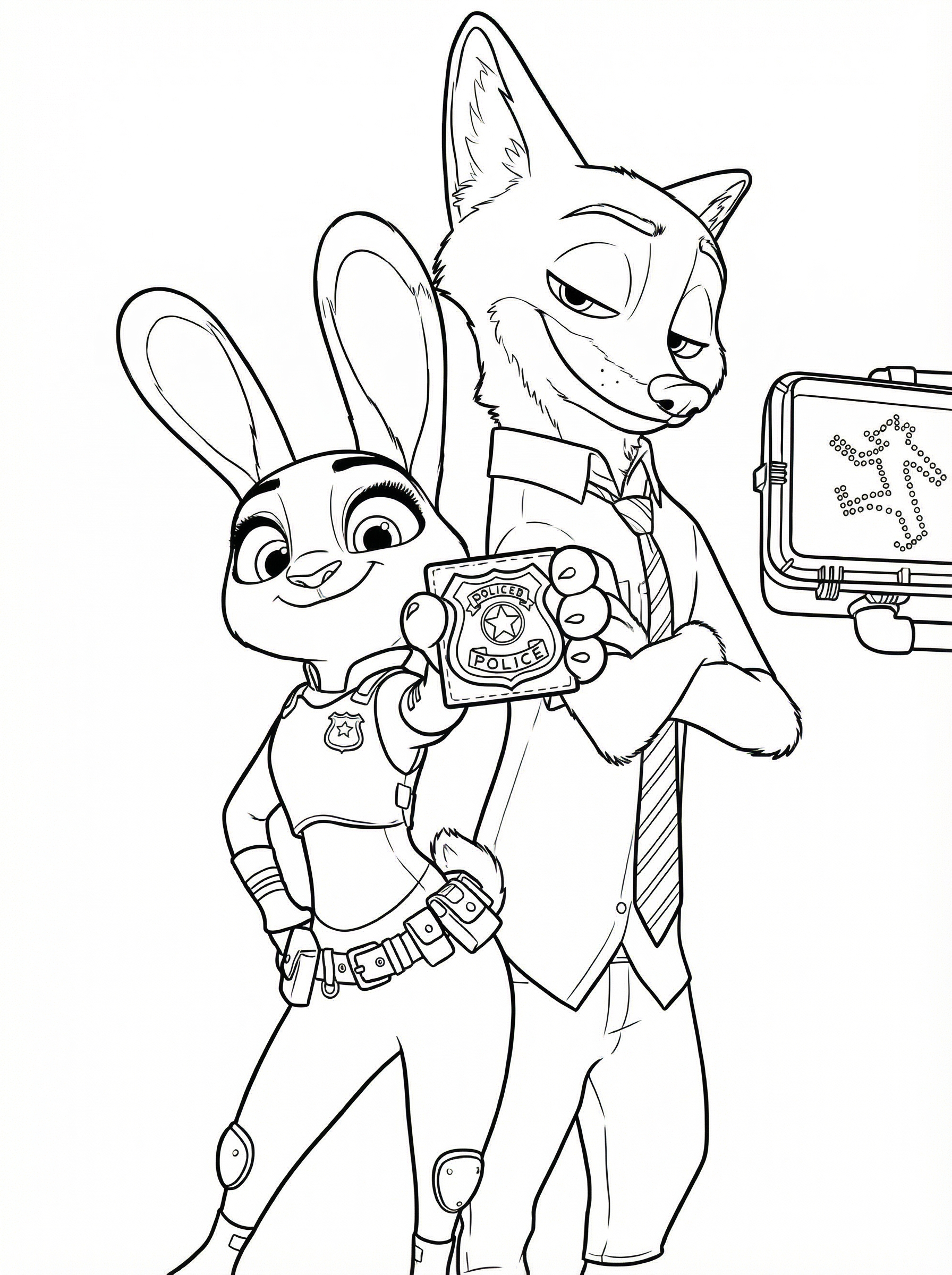 Black and white line drawing of Judy Hopps the rabbit police officer holding up her badge whilst standing next to Nick Wilde the fox wearing a tie, from Disney's Zootopia