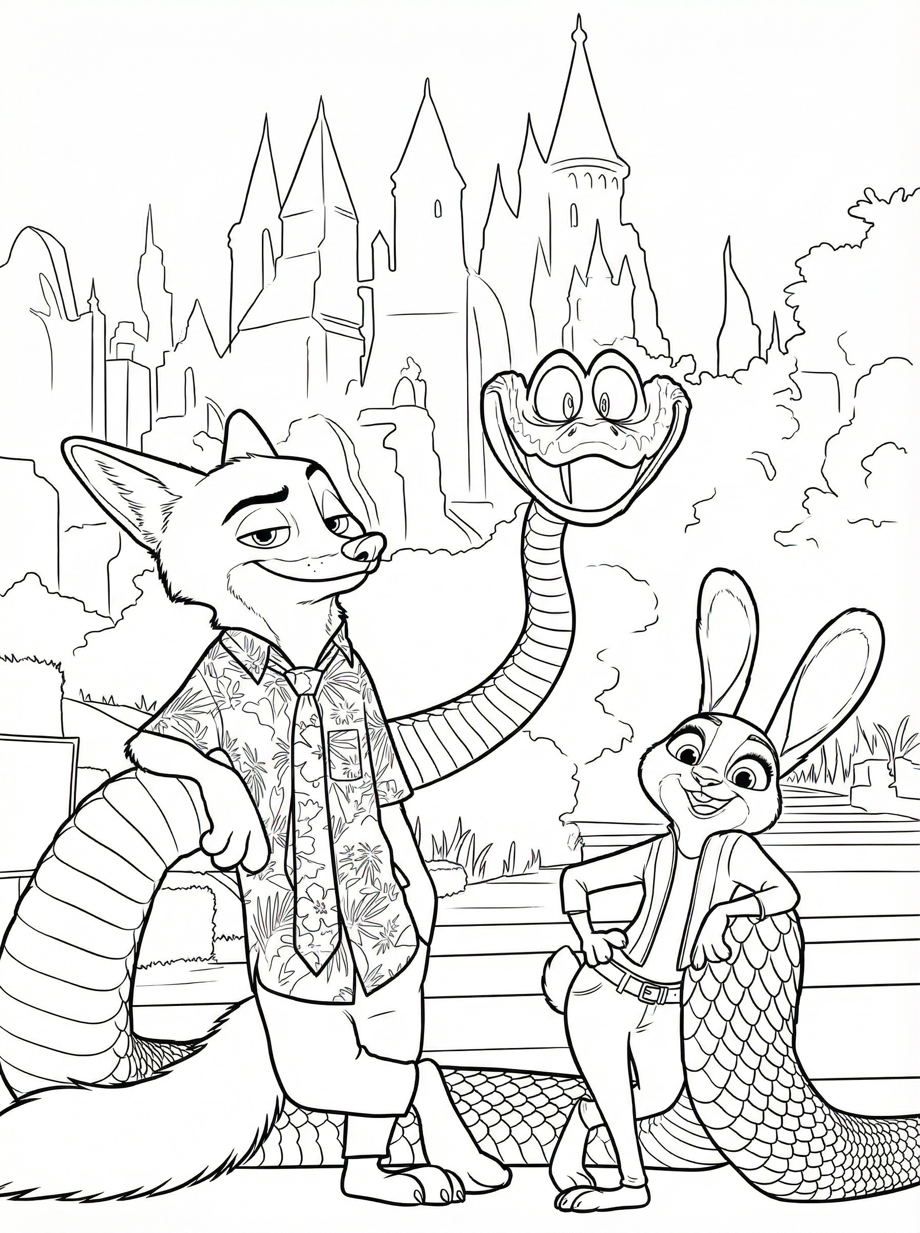 Colouring page showing Nick Wilde the fox in a Hawaiian shirt, Judy Hopps the rabbit police officer, and Gary the snake with a castle in the background from Zootopia 2