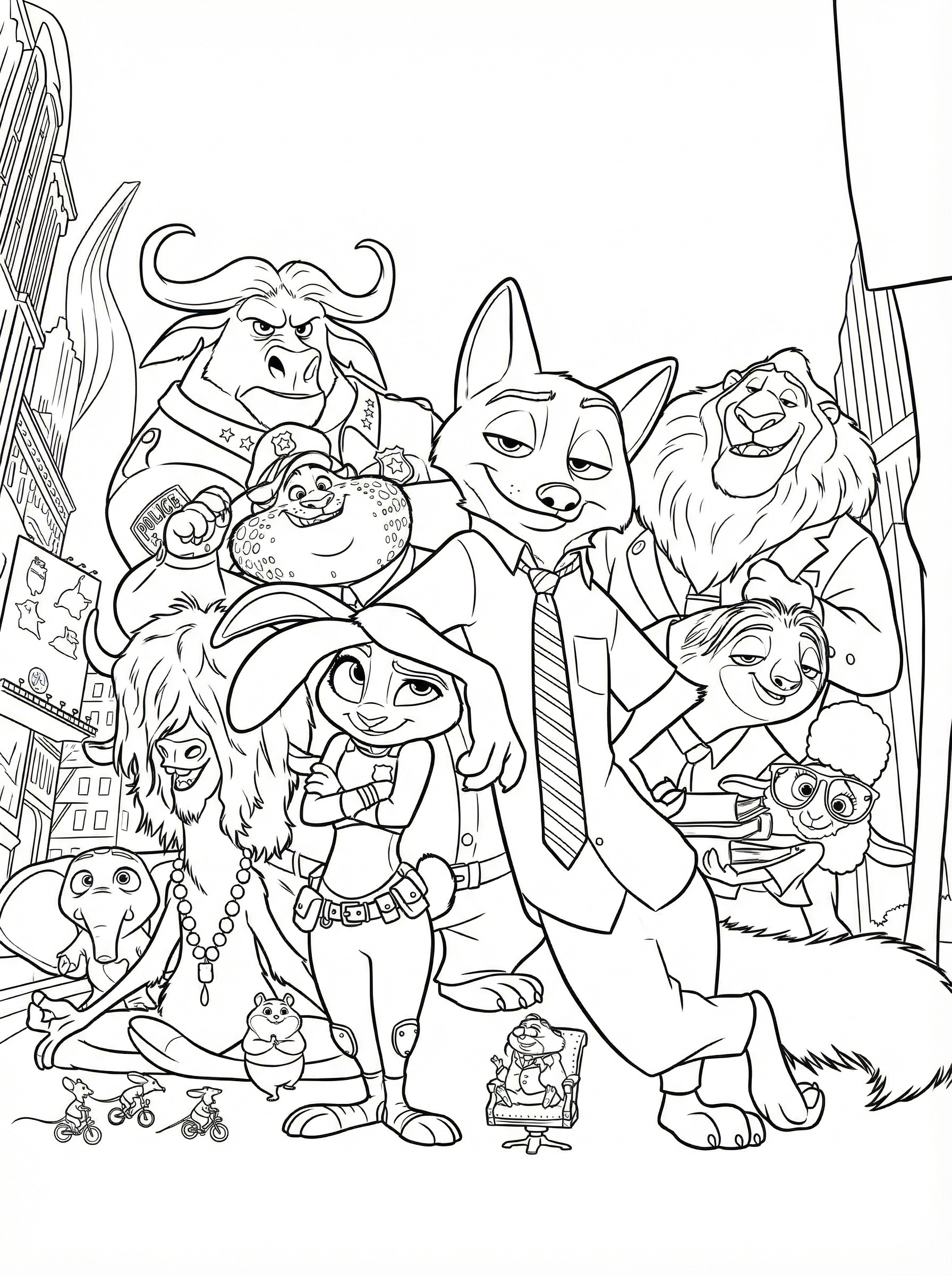 Black and white line drawing colouring page showing Zootopia characters including Judy Hopps the rabbit police officer, Nick Wilde the fox, Chief Bogo the buffalo, Flash the sloth, and other animal characters from Disney's Zootopia film