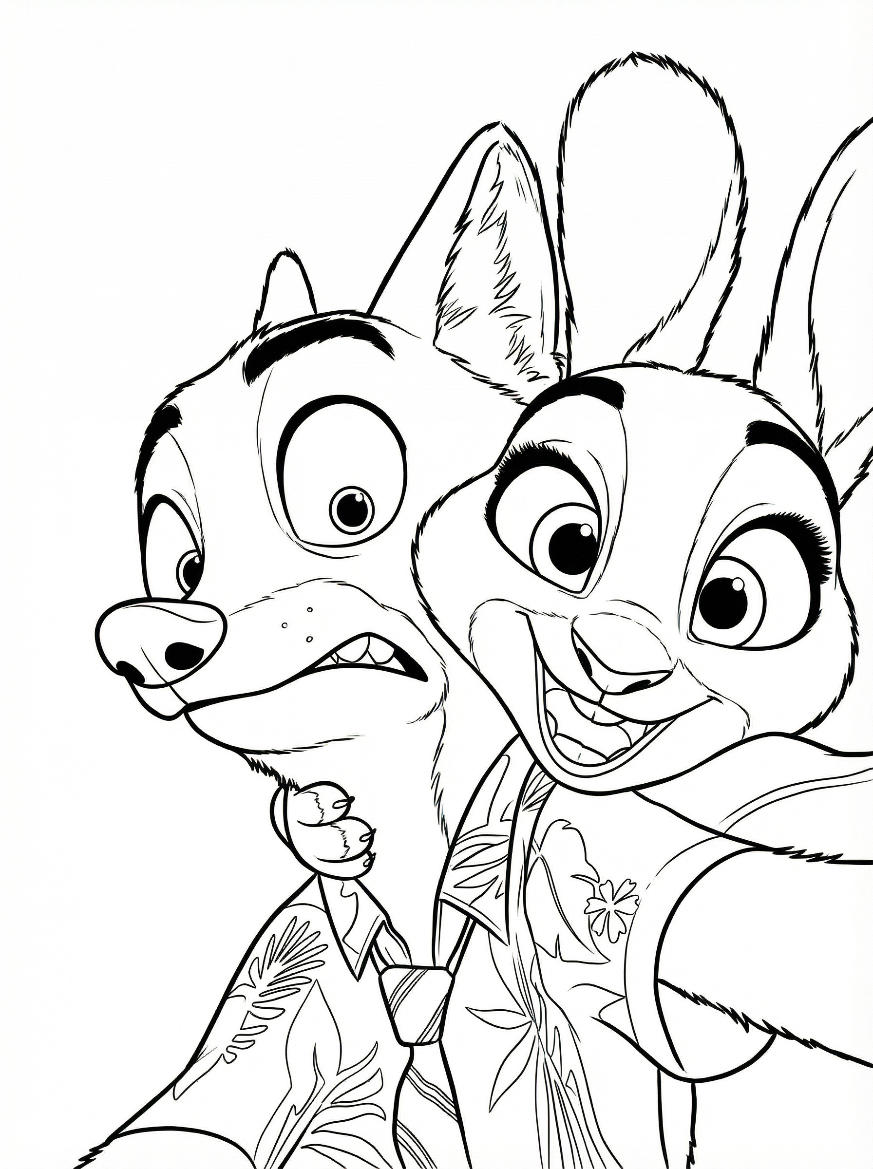 Black and white line drawing colouring page of Judy Hopps the rabbit and Nick Wilde the fox from Disney's Zootopia film, both smiling and wearing Hawaiian shirts