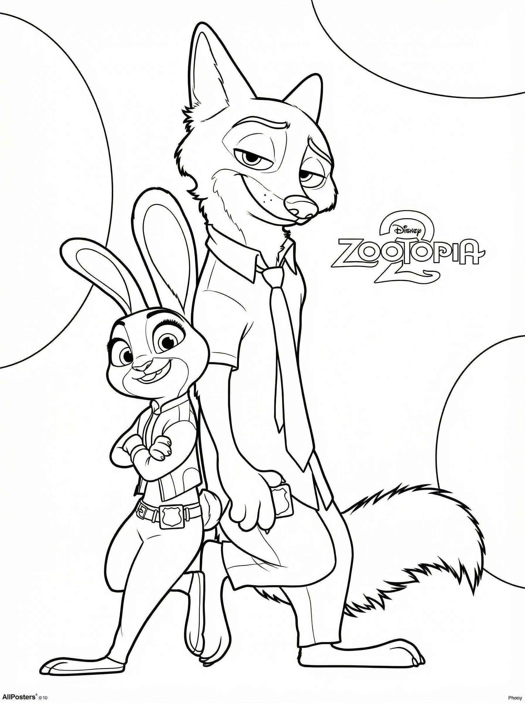 Black and white line drawing colouring page of Judy Hopps the rabbit police officer and Nick Wilde the fox from Disney's Zootopia standing together
