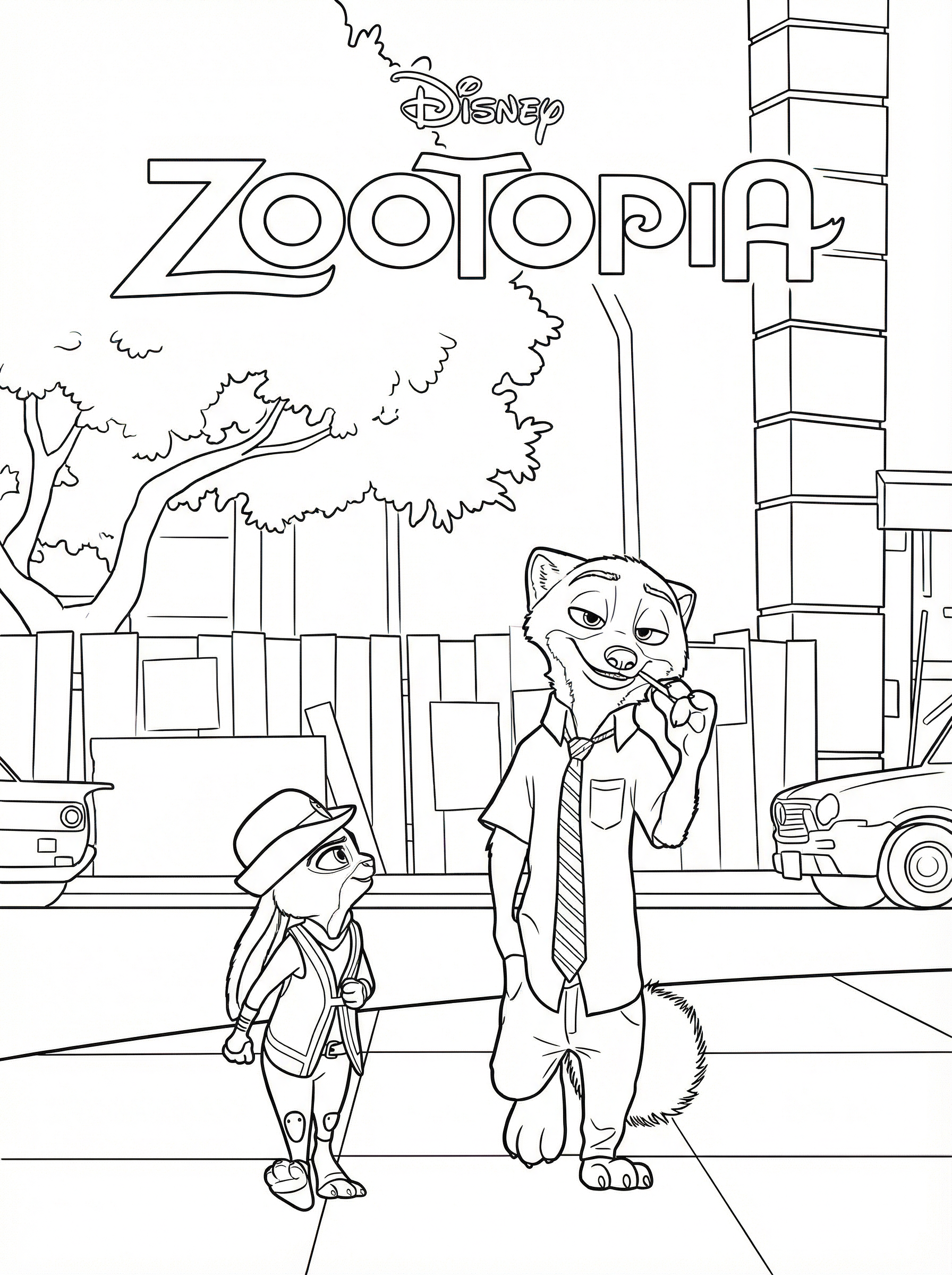 Colouring page showing Nick Wilde the fox in a shirt and tie standing next to Judy Hopps the rabbit in police uniform on a city street in Zootopia