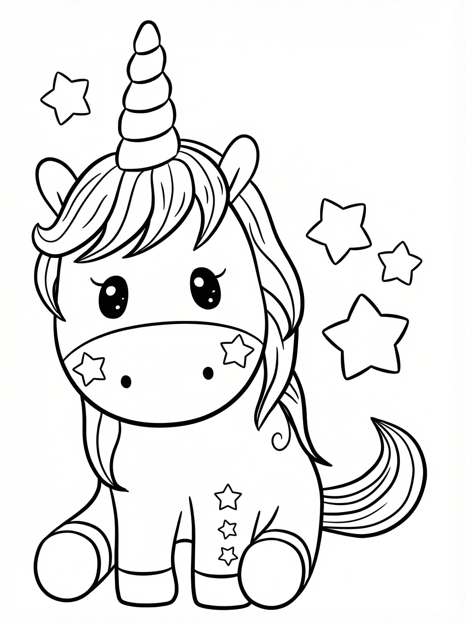 Cute cartoon unicorn sitting down with spiral horn, flowing mane and tail, large eyes, and stars on cheeks and body, surrounded by floating stars